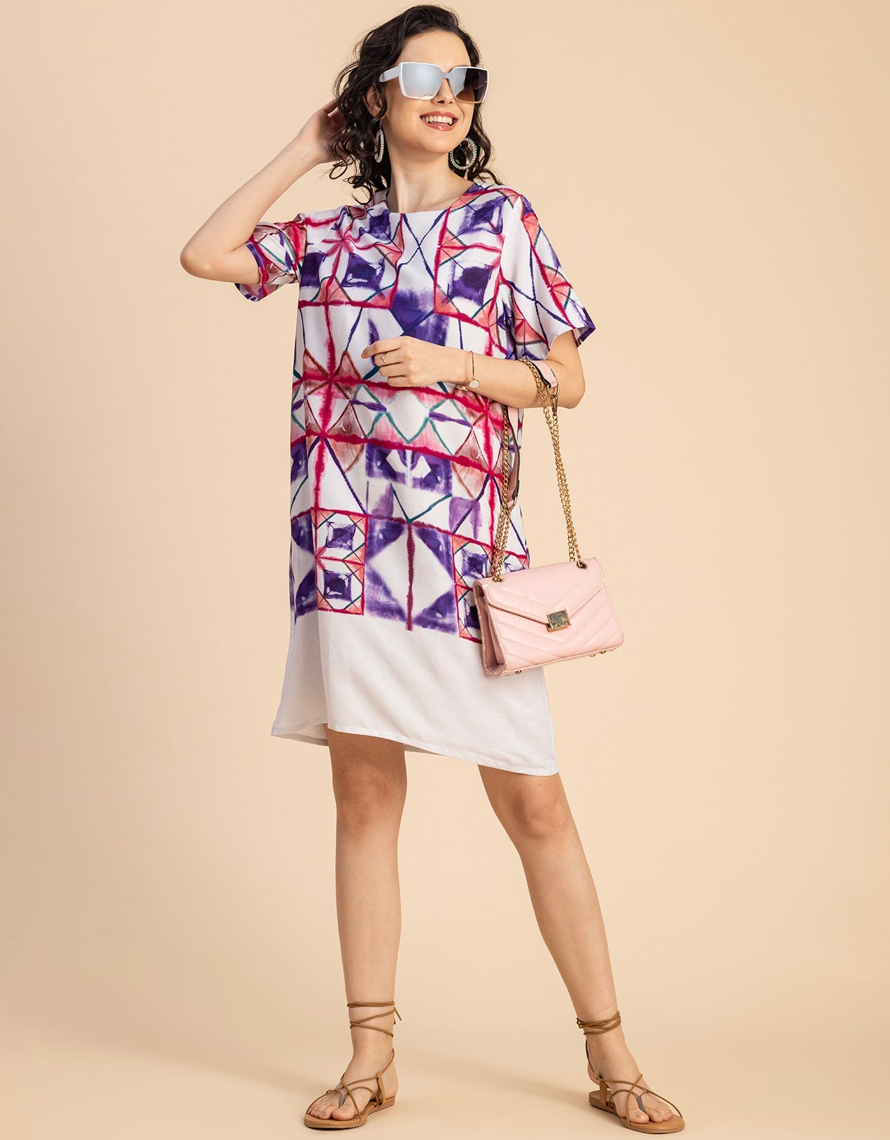 Round Neck Short Sleeve Printed Rayon Dress