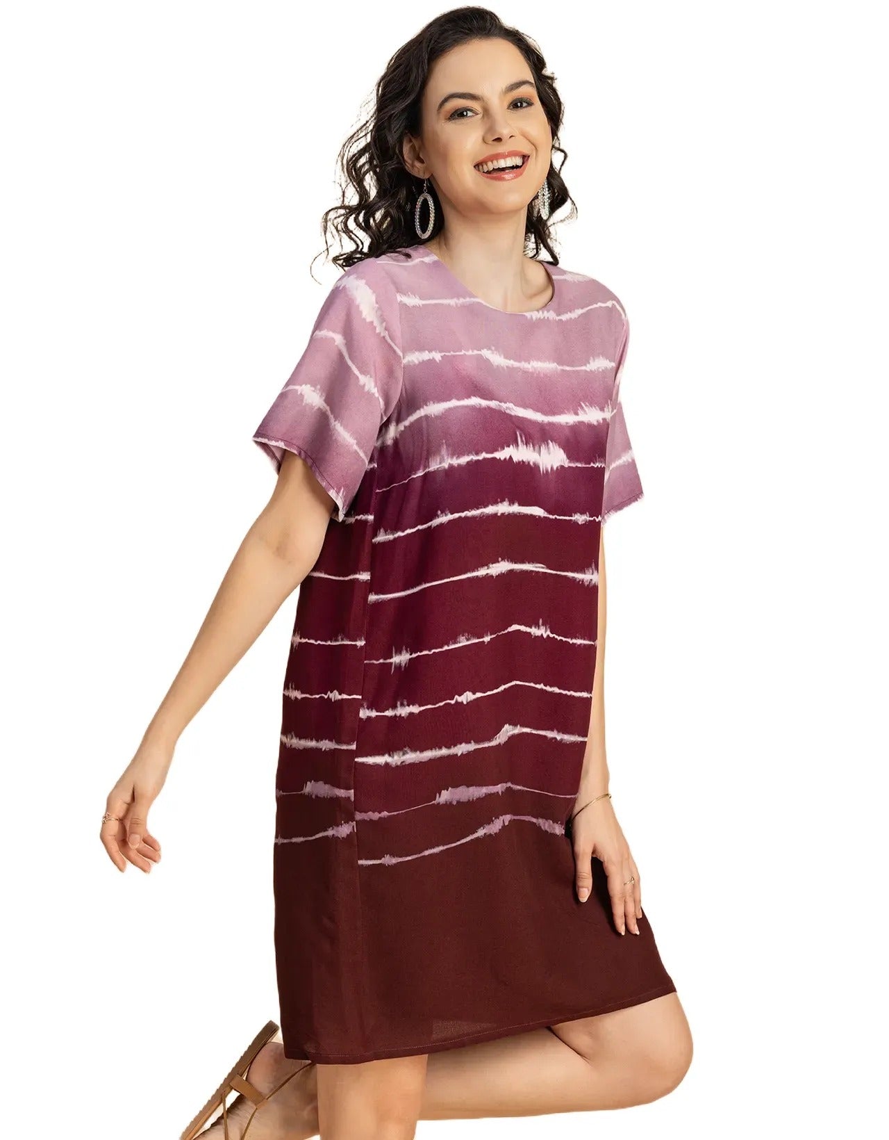 Round Neck Short Sleeve Printed Rayon Dress