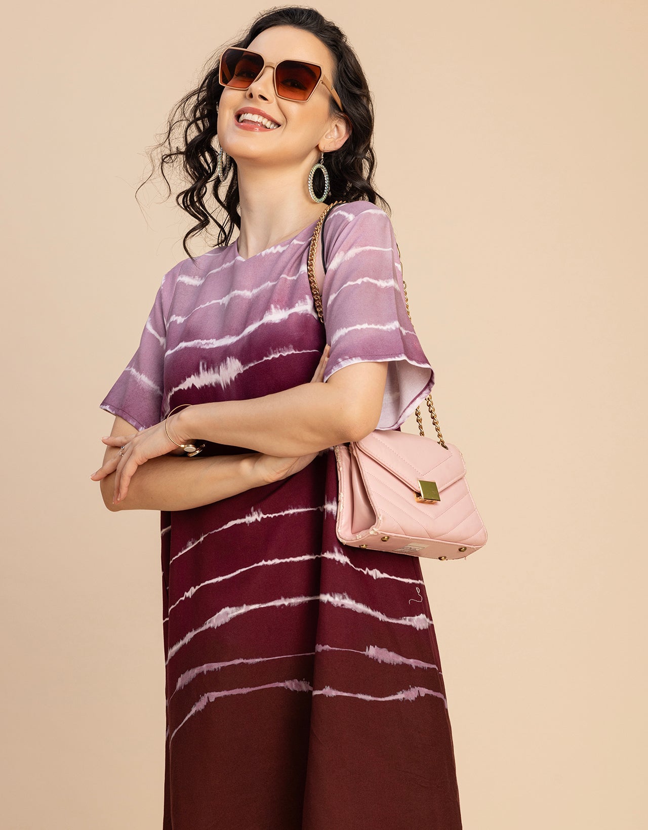 Round Neck Short Sleeve Printed Rayon Dress