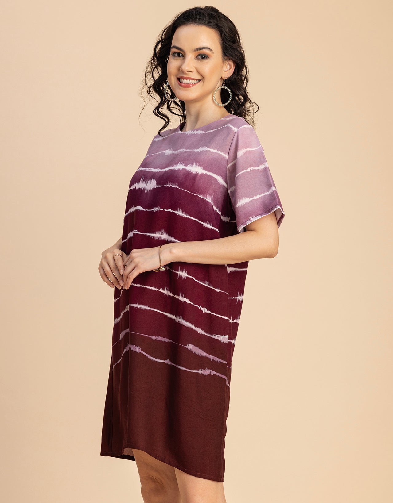 Round Neck Short Sleeve Printed Rayon Dress