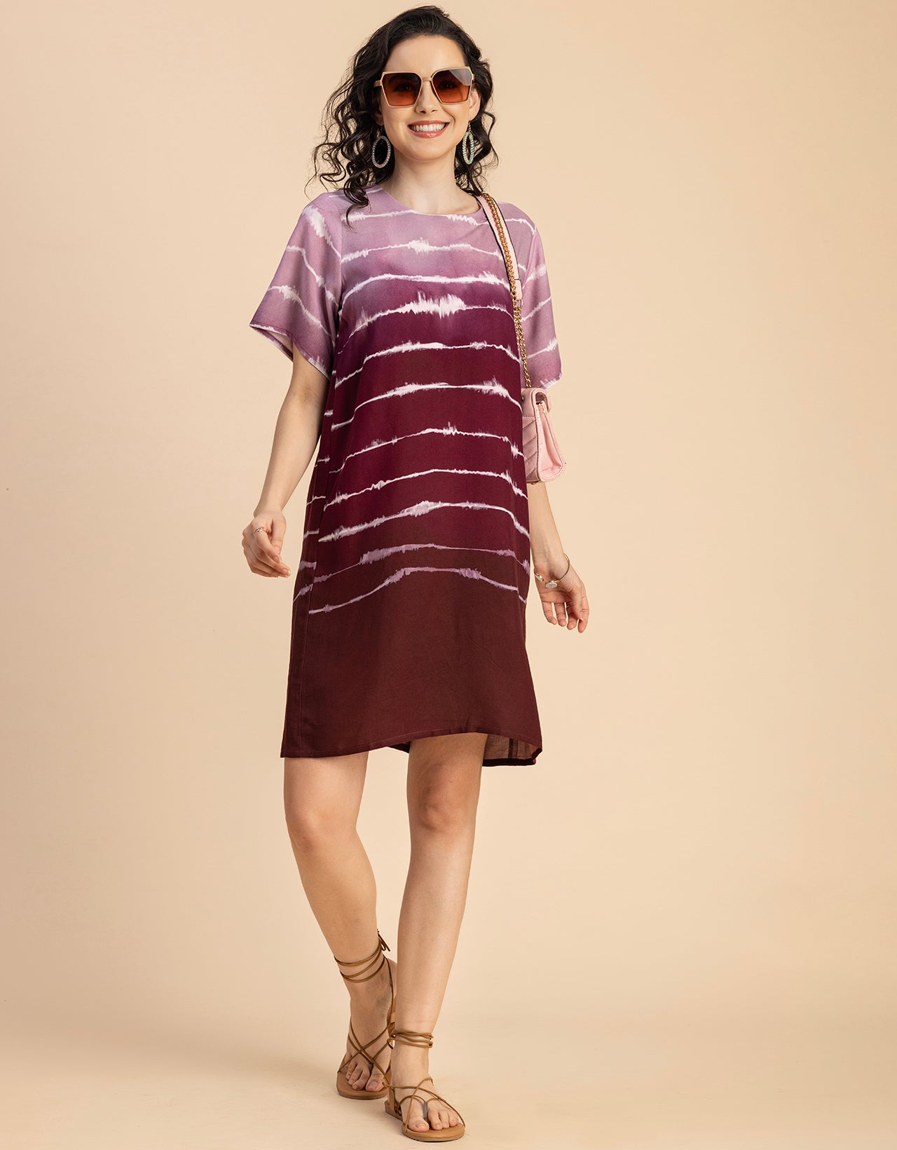 Round Neck Short Sleeve Printed Rayon Dress