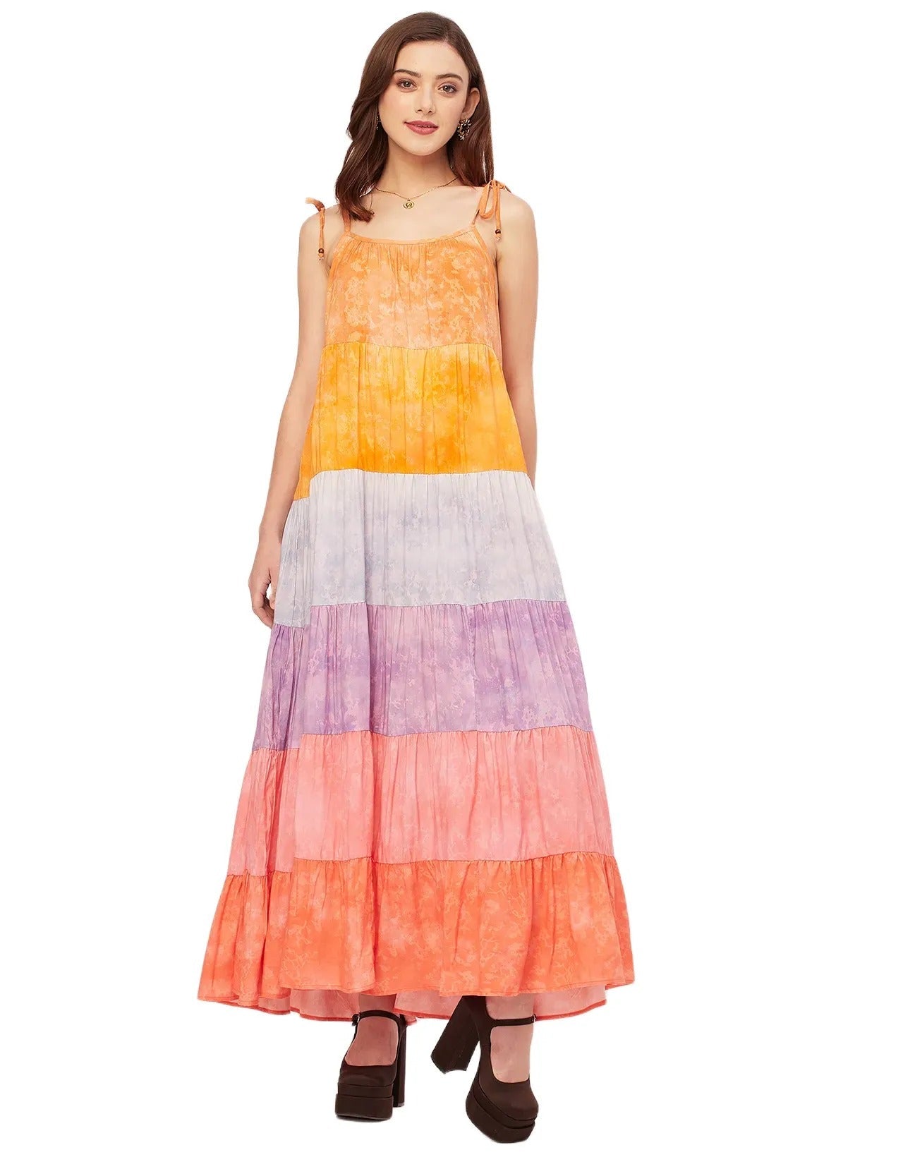 Shoulder Straps Tiered Printed Rayon Dress