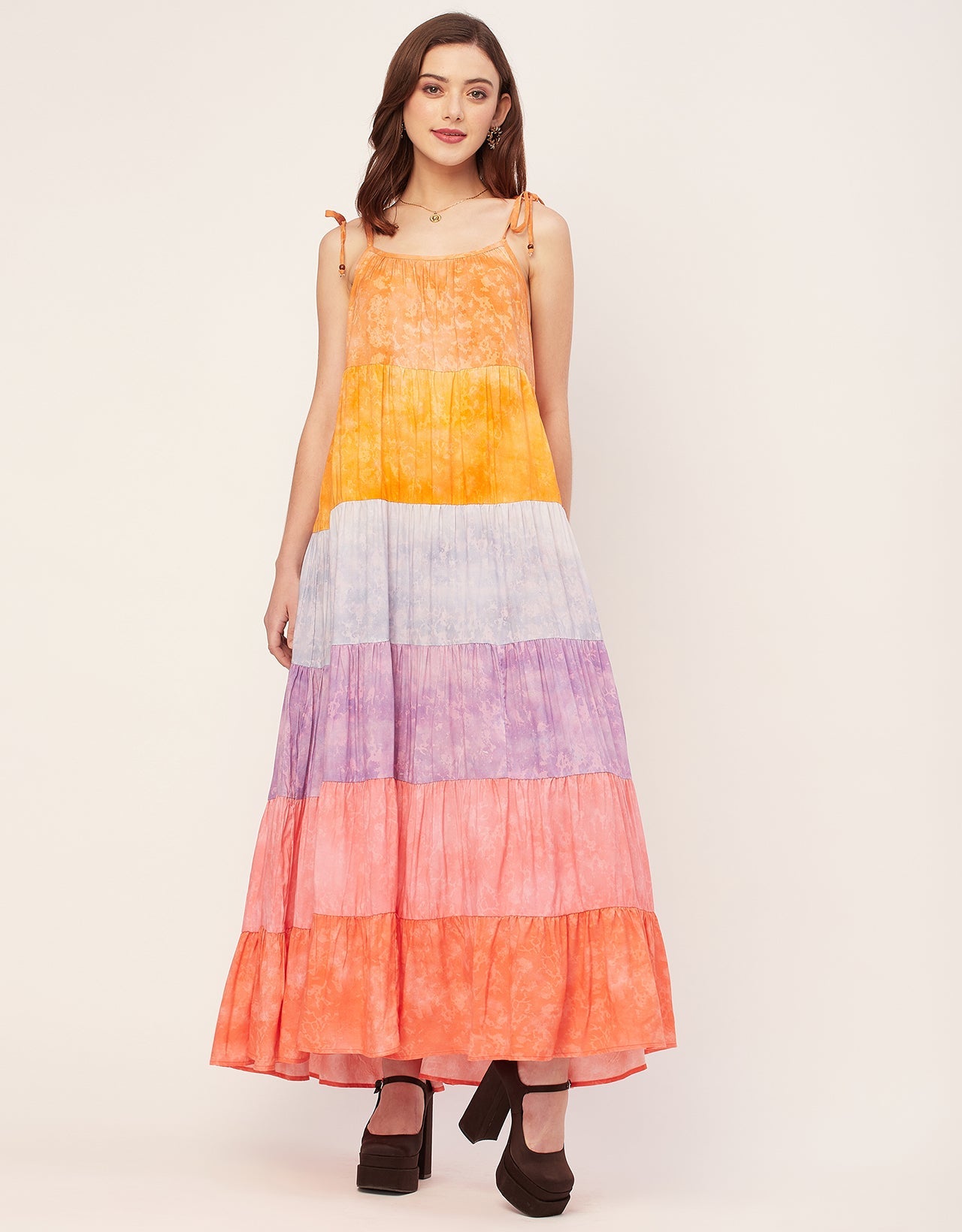 Shoulder Straps Tiered Printed Rayon Dress