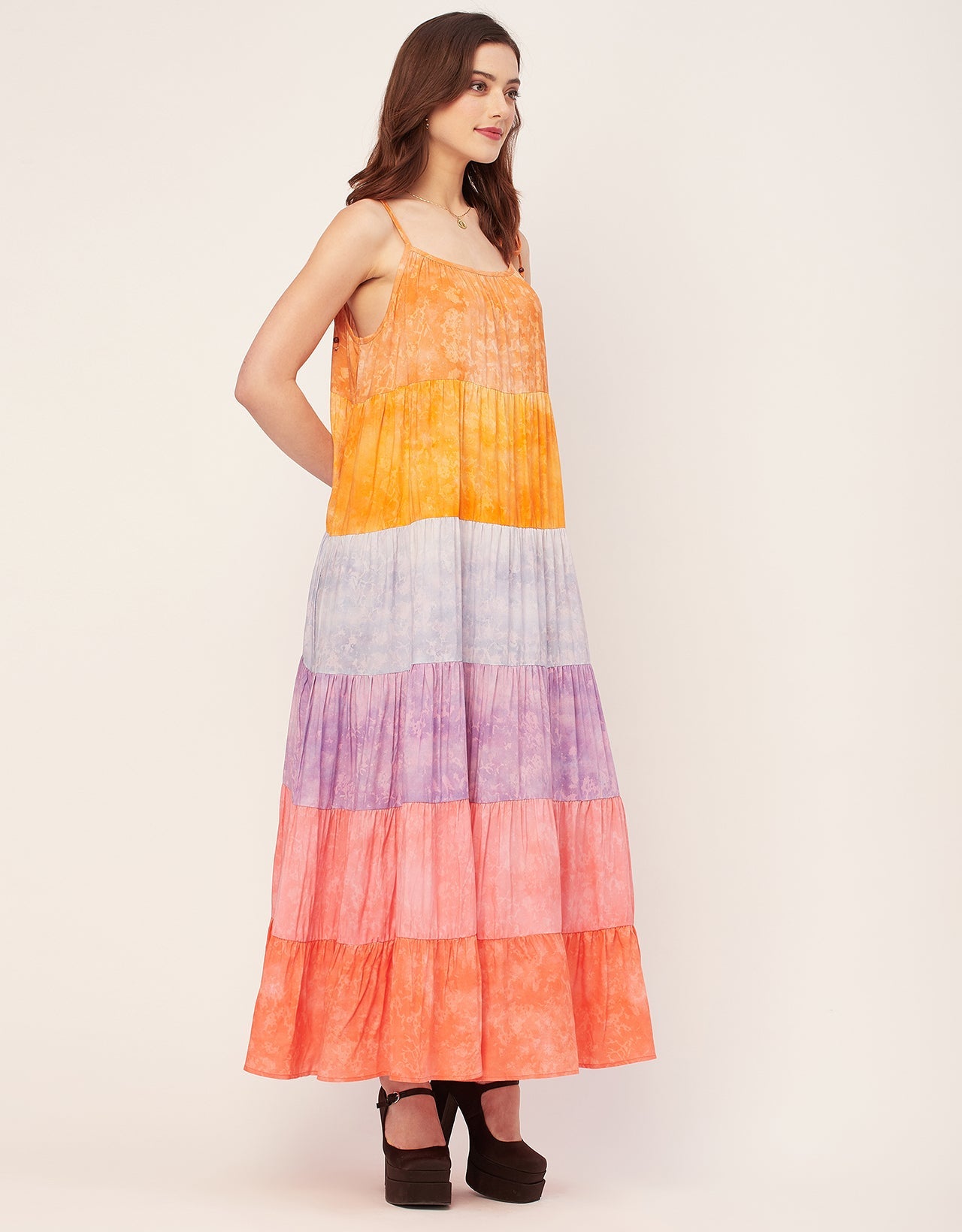 Shoulder Straps Tiered Printed Rayon Dress