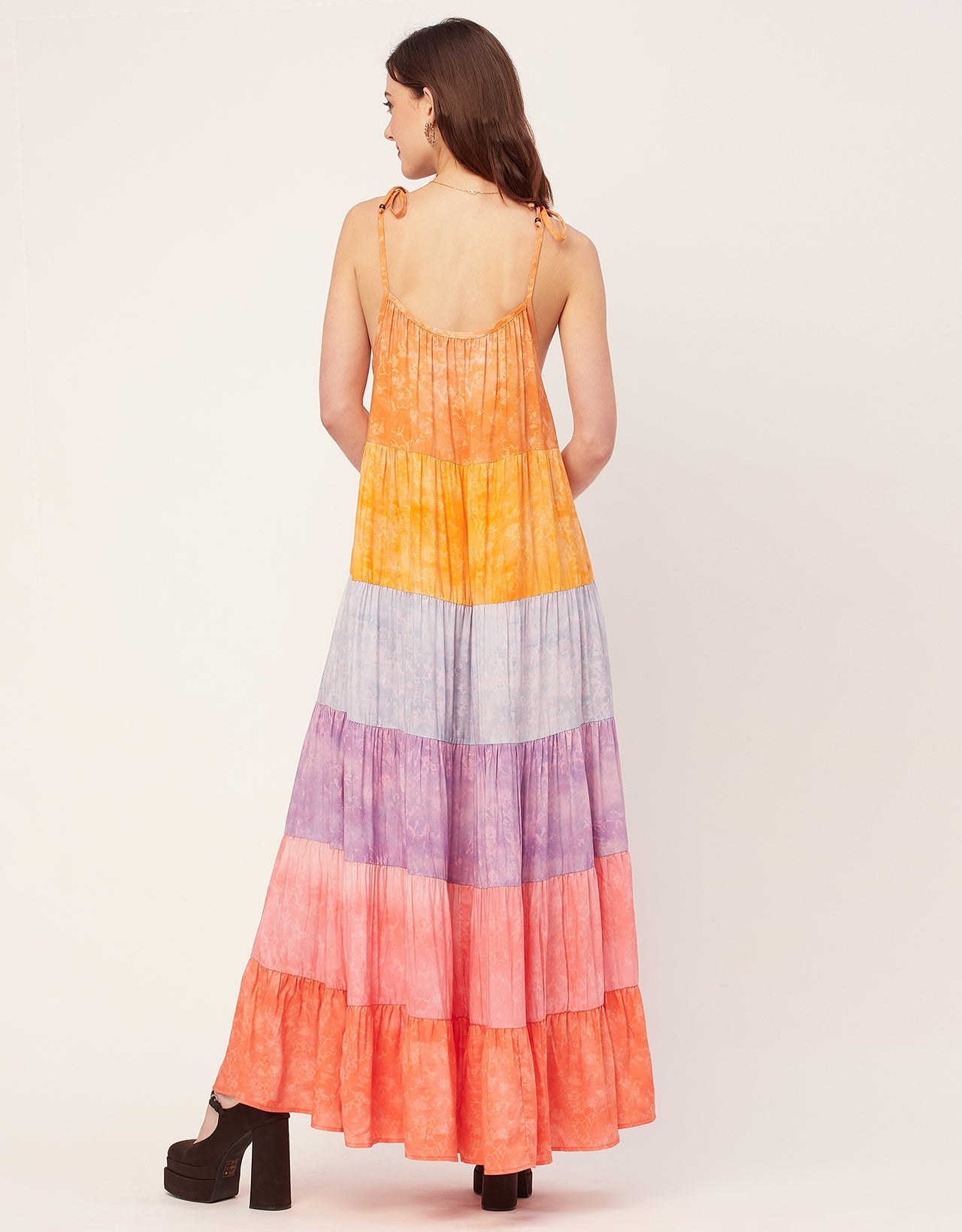 Shoulder Straps Tiered Printed Rayon Dress