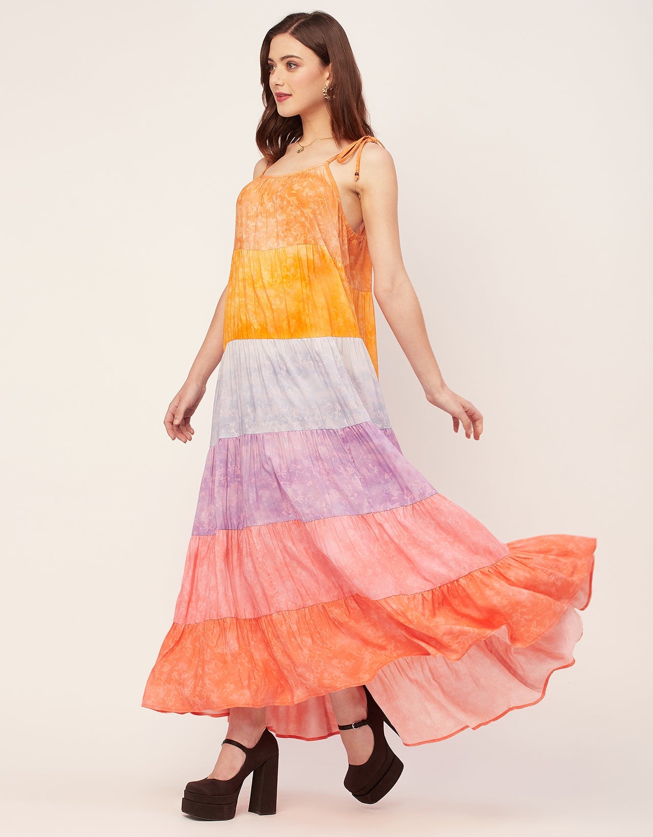 Shoulder Straps Tiered Printed Rayon Dress