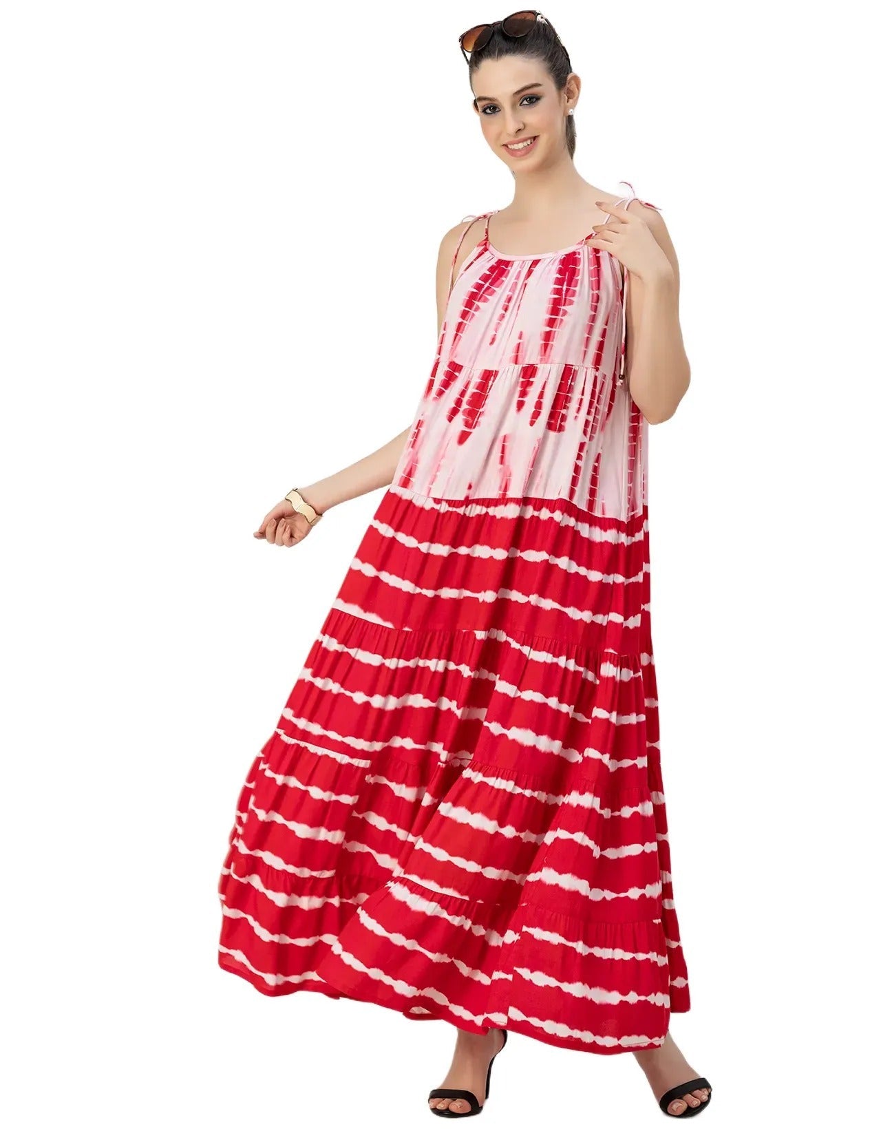 Shoulder Straps Tiered Printed Rayon Dress