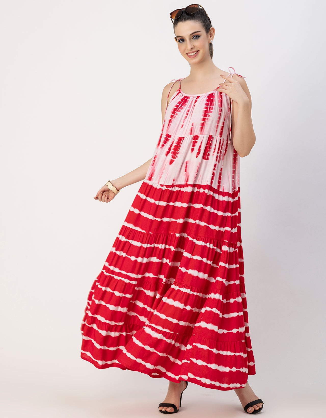 Shoulder Straps Tiered Printed Rayon Dress
