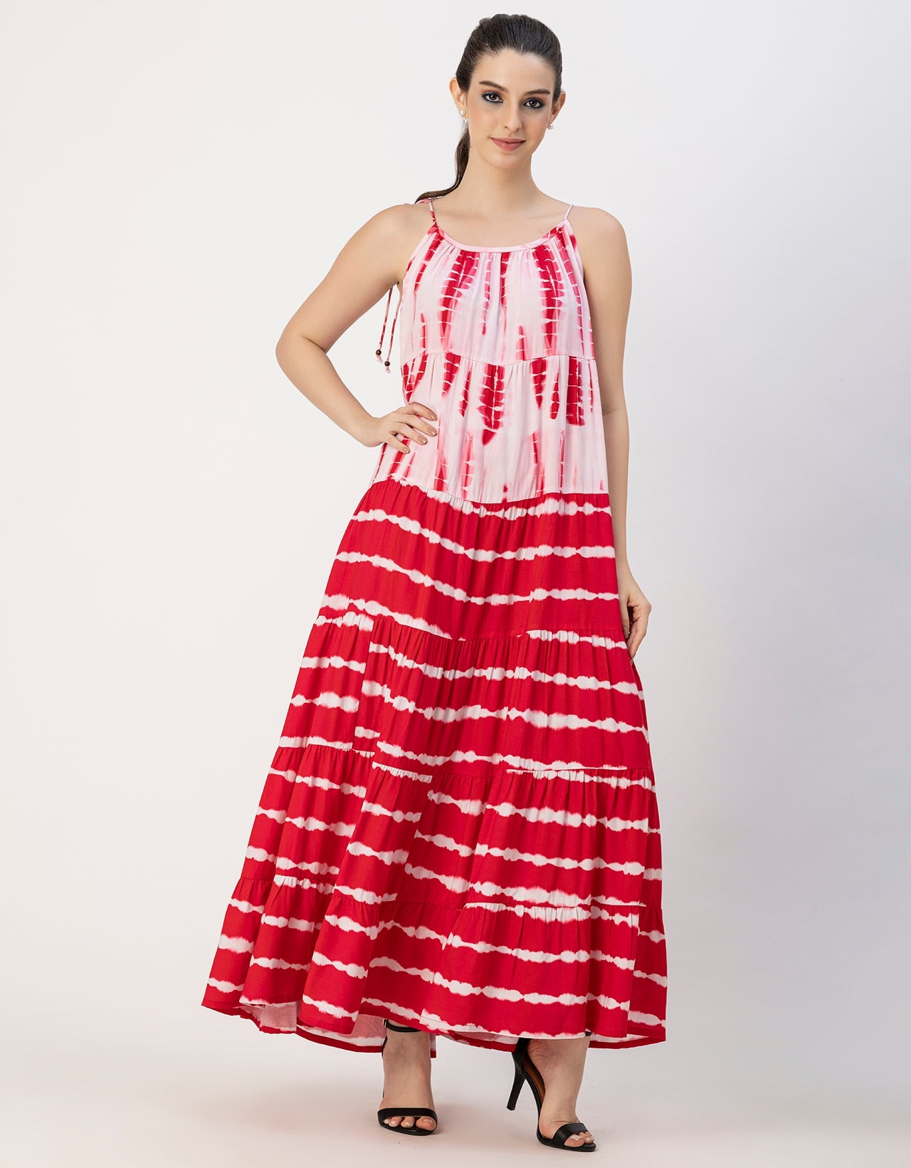 Shoulder Straps Tiered Printed Rayon Dress