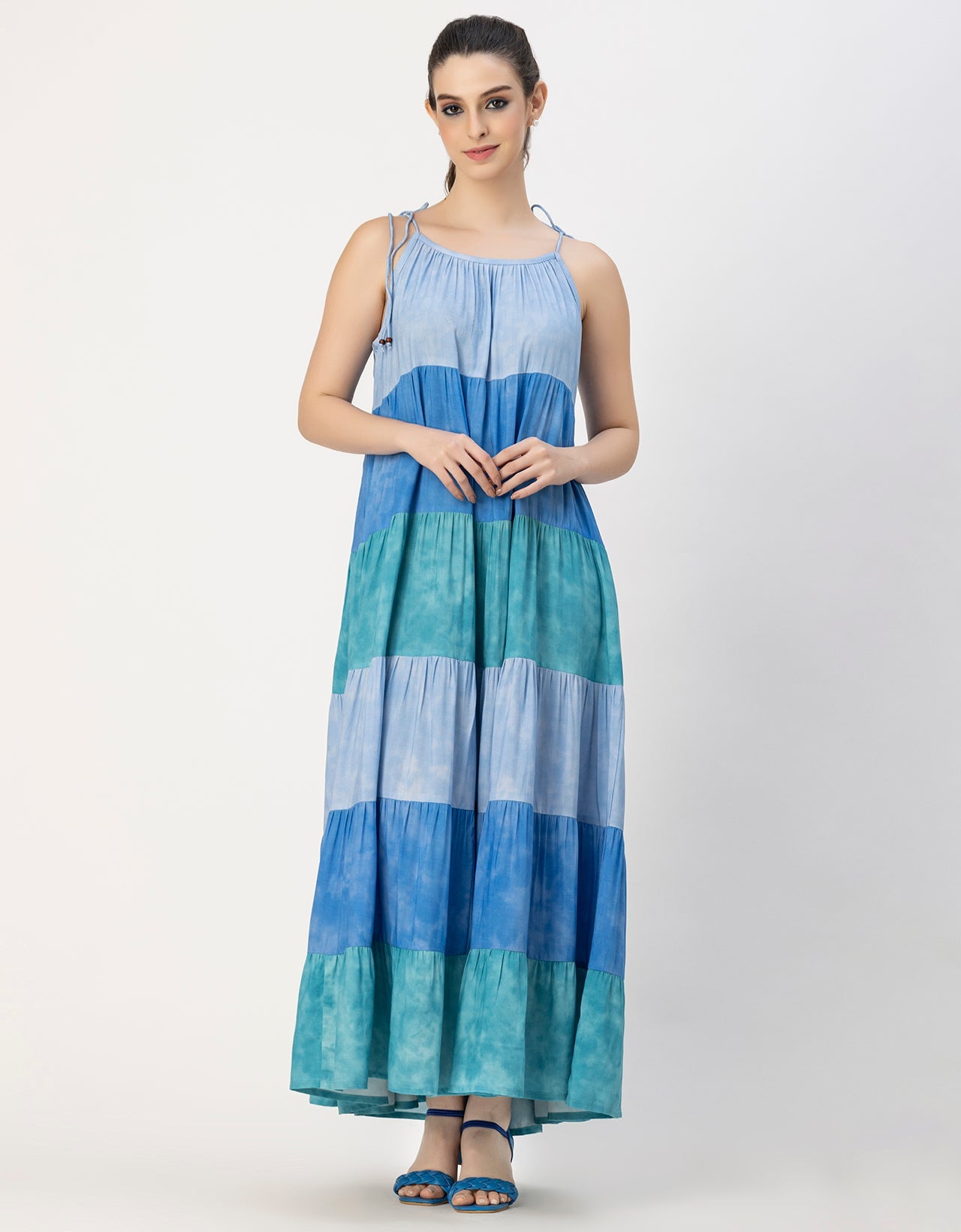 Shoulder Straps Tiered Printed Rayon Dress
