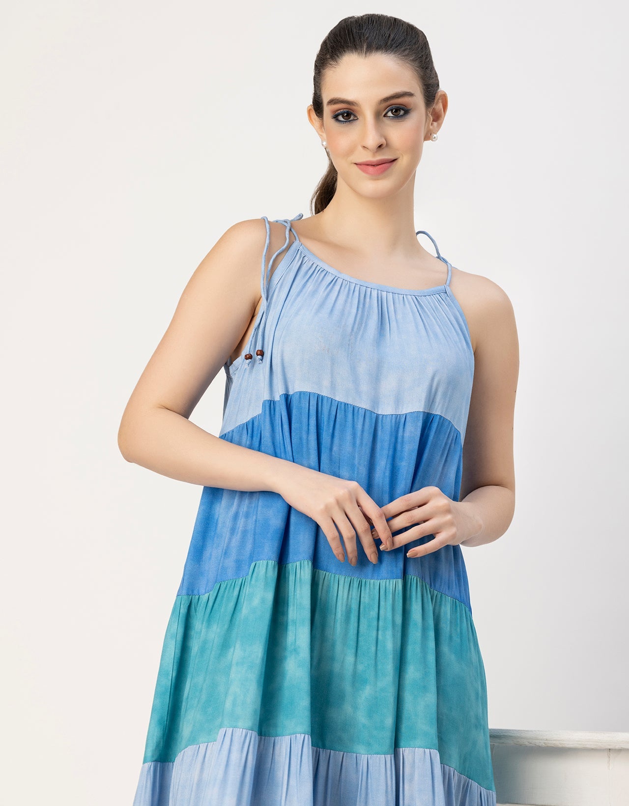 Shoulder Straps Tiered Printed Rayon Dress