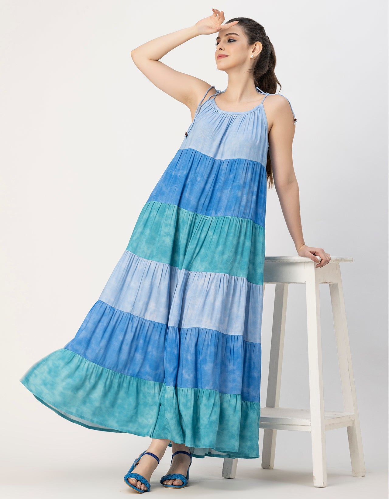 Shoulder Straps Tiered Printed Rayon Dress