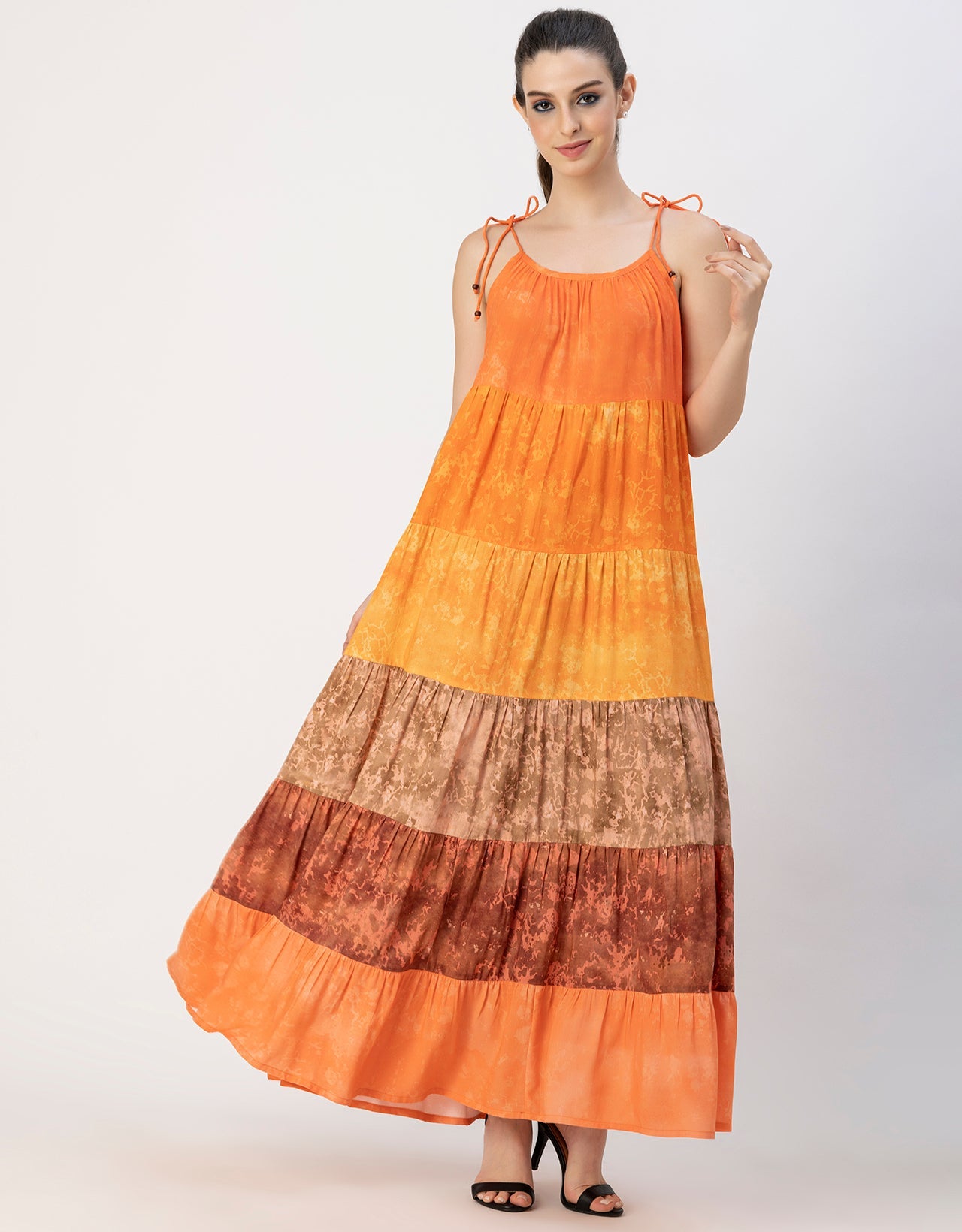 Shoulder Straps Tiered Printed Rayon Dress