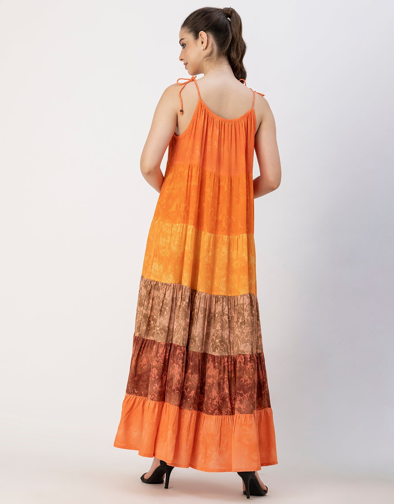 Shoulder Straps Tiered Printed Rayon Dress