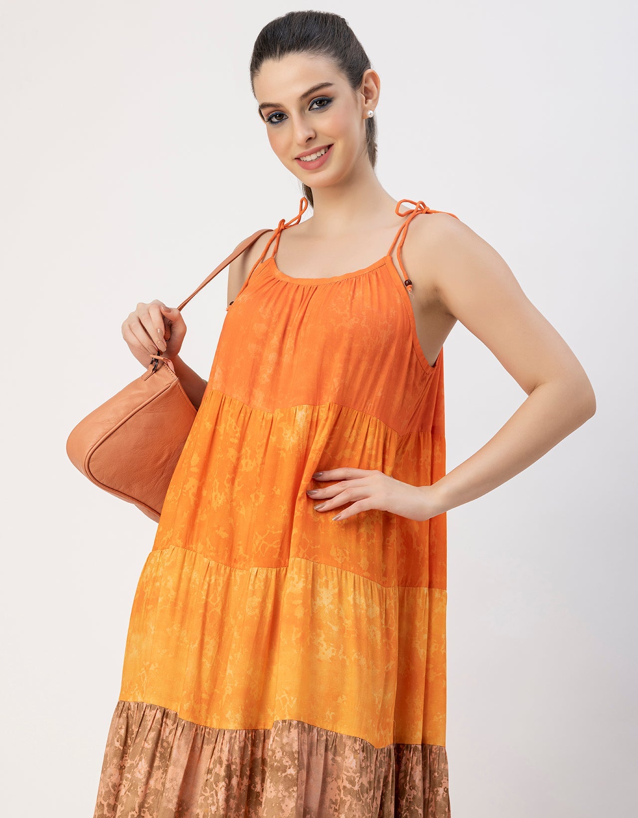Shoulder Straps Tiered Printed Rayon Dress