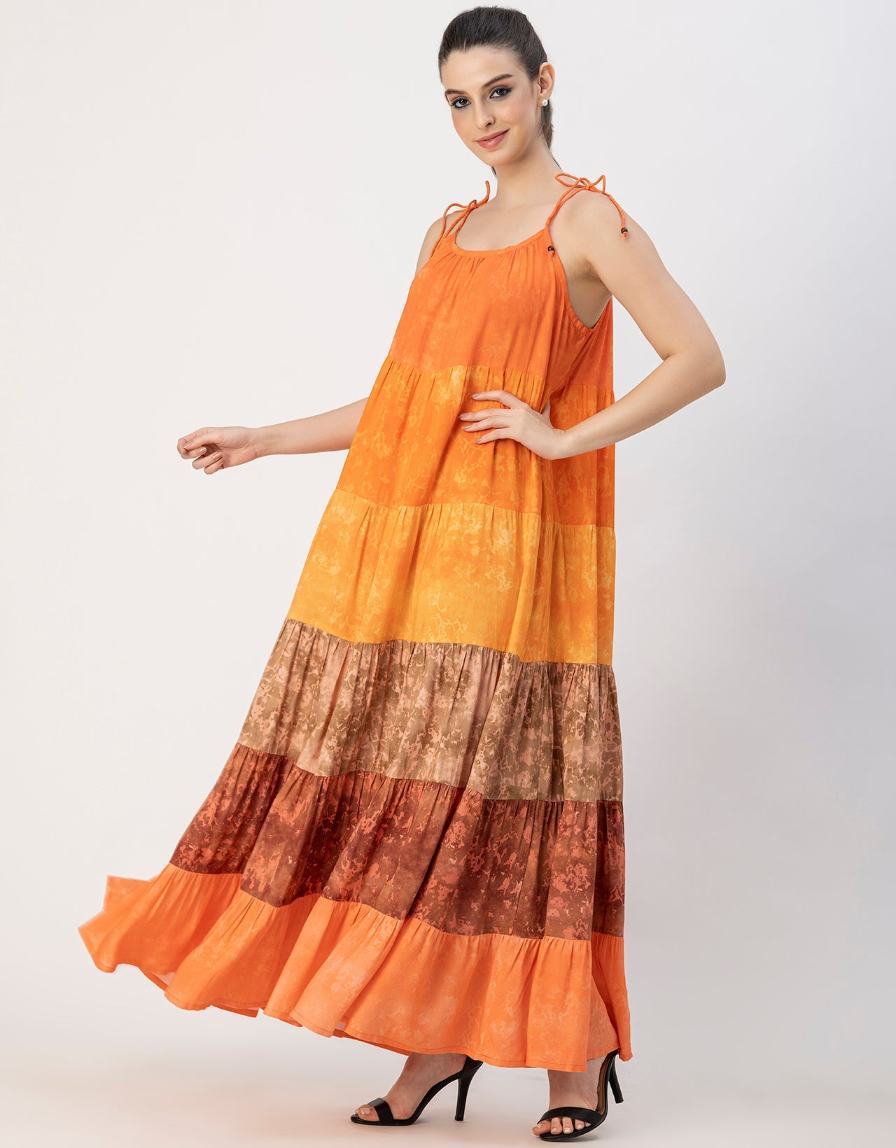 Shoulder Straps Tiered Printed Rayon Dress