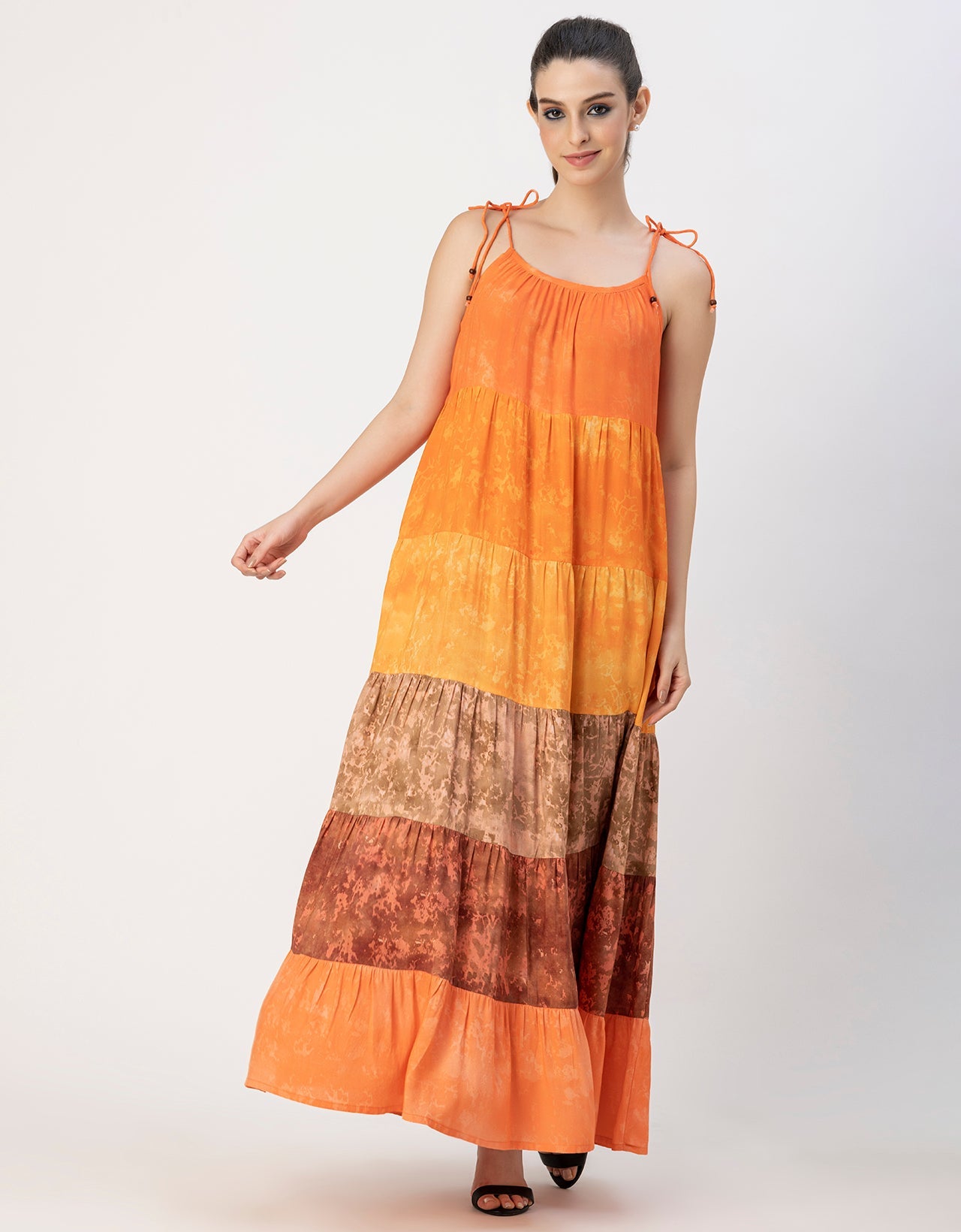 Shoulder Straps Tiered Printed Rayon Dress