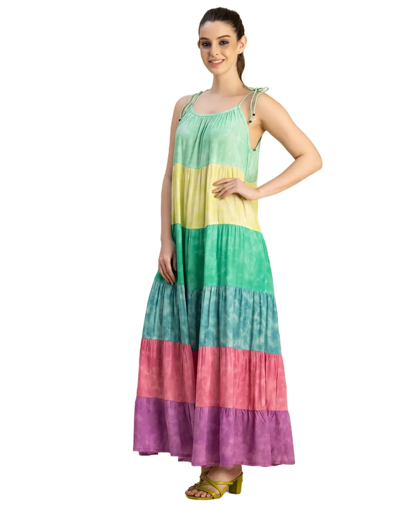 Shoulder Straps Tiered Printed Rayon Dress
