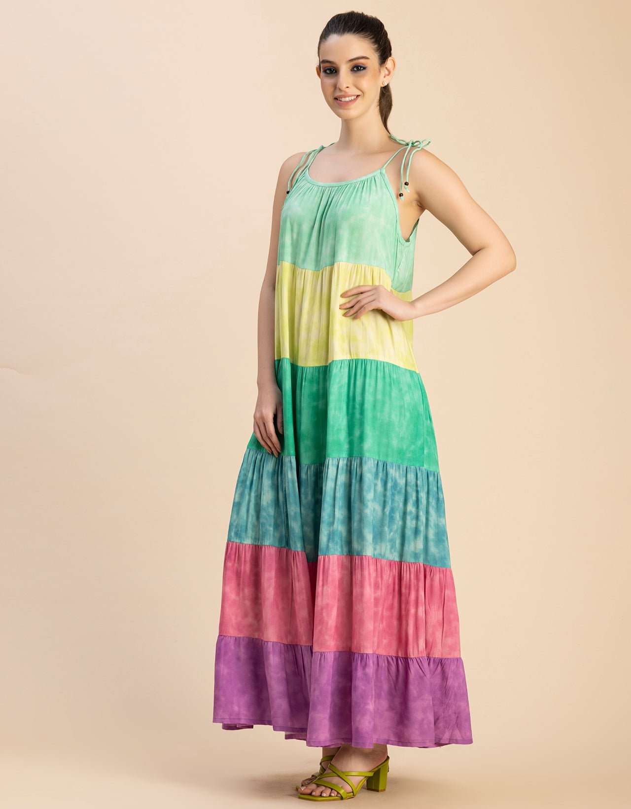 Shoulder Straps Tiered Printed Rayon Dress