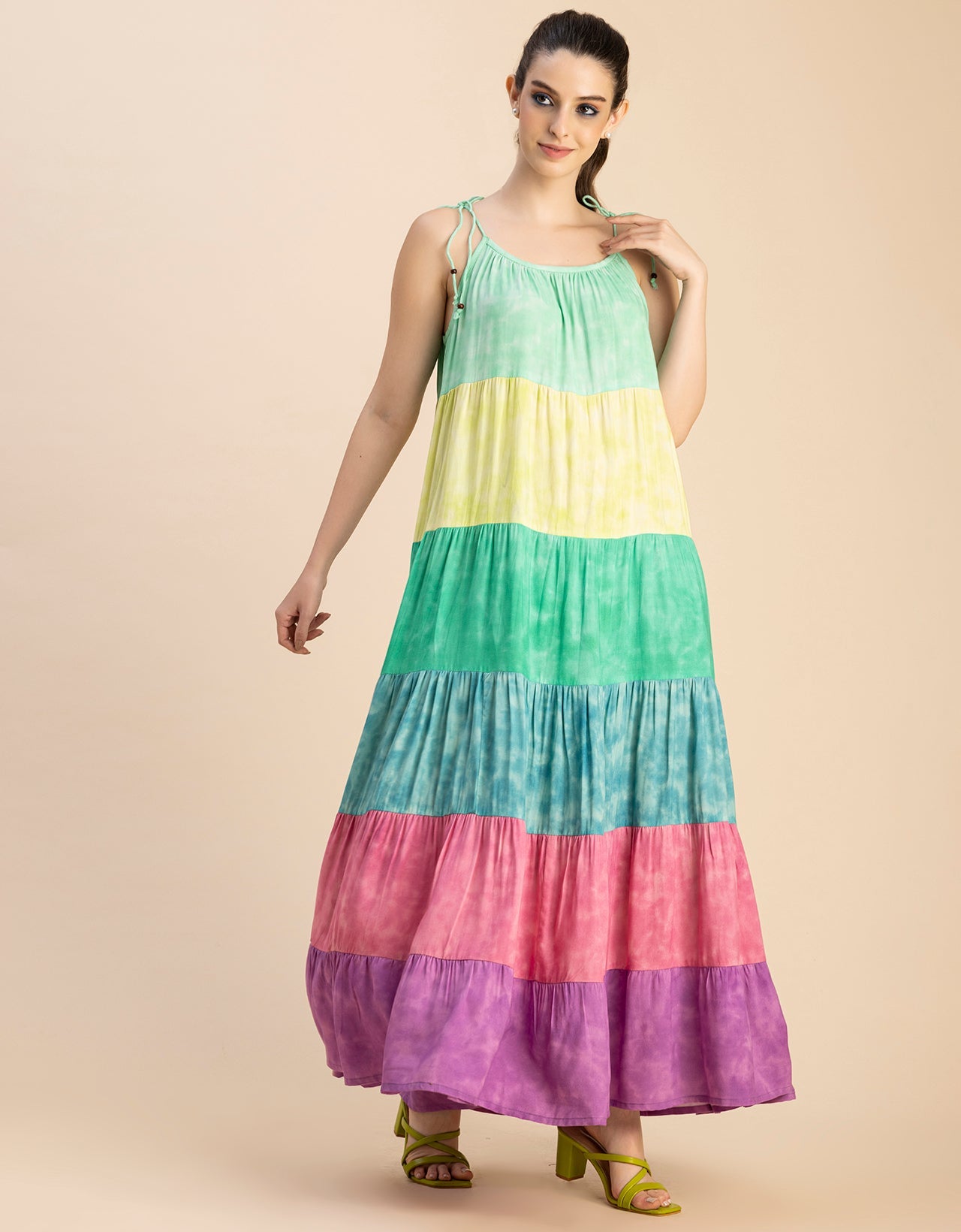 Shoulder Straps Tiered Printed Rayon Dress