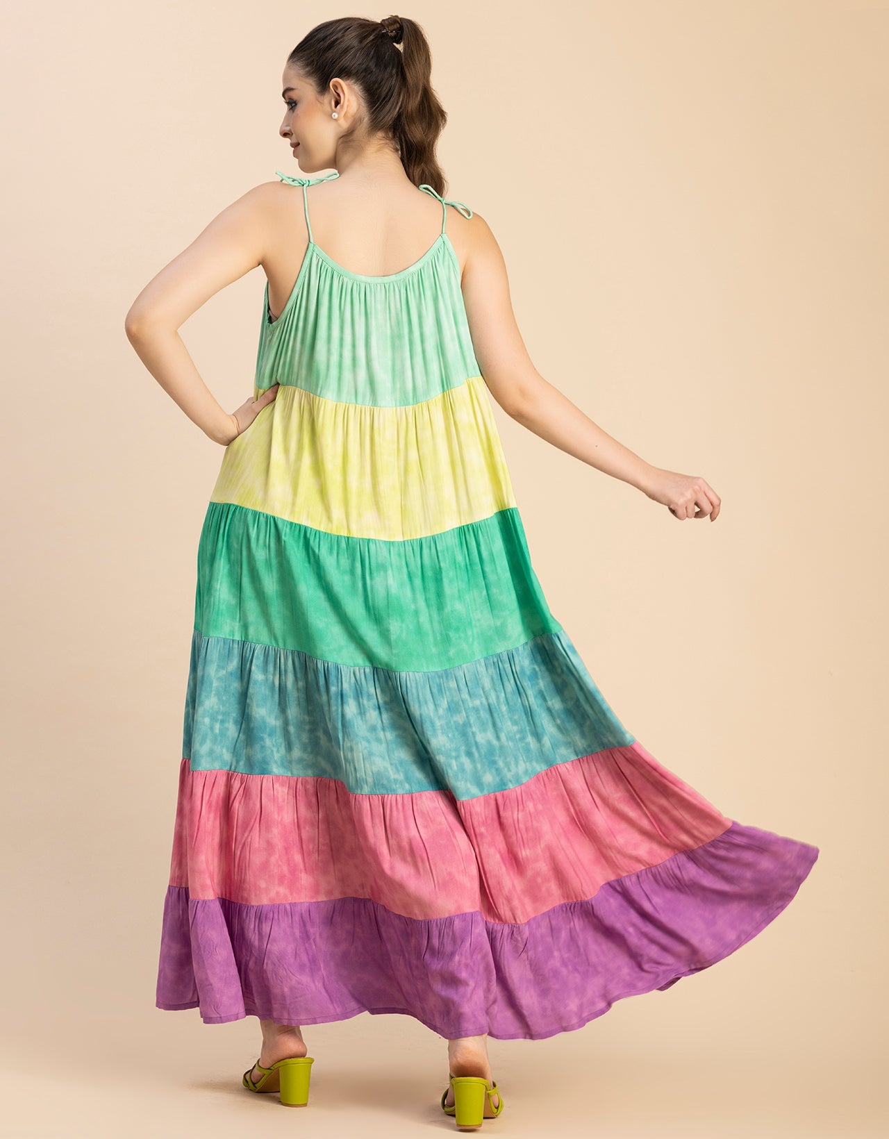 Shoulder Straps Tiered Printed Rayon Dress
