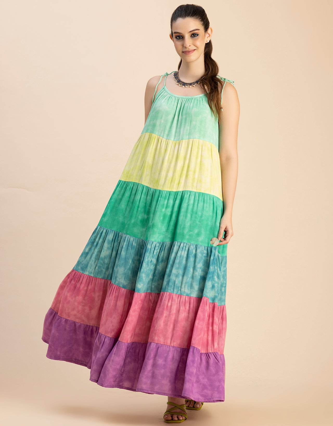 Shoulder Straps Tiered Printed Rayon Dress