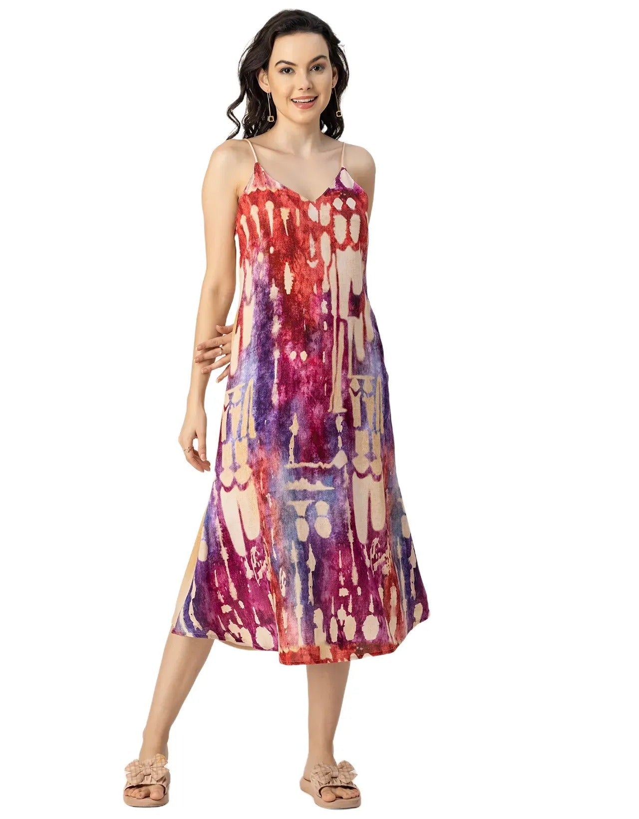 Sleeveless V Neck A-Line Printed Rayon Dress