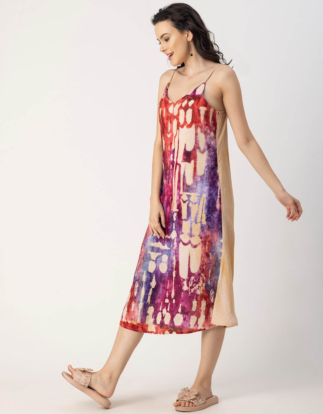 Sleeveless V Neck A-Line Printed Rayon Dress
