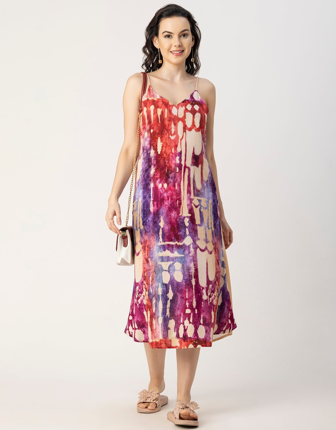 Sleeveless V Neck A-Line Printed Rayon Dress
