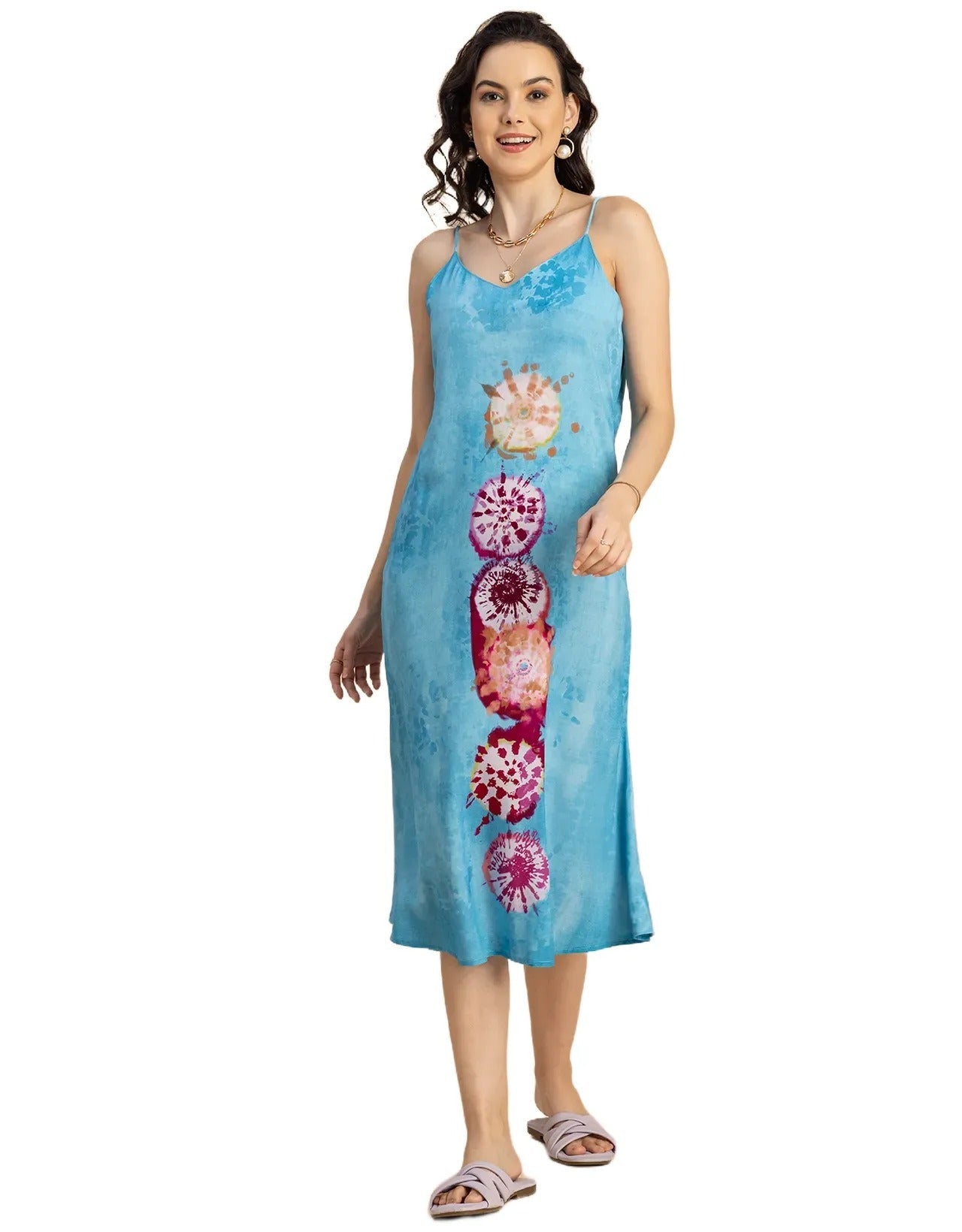 Sleeveless V Neck A-Line Printed Rayon Dress