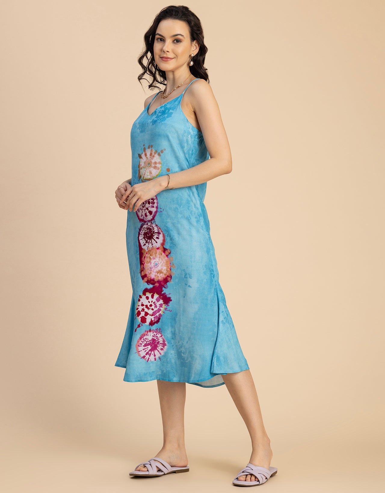 Sleeveless V Neck A-Line Printed Rayon Dress