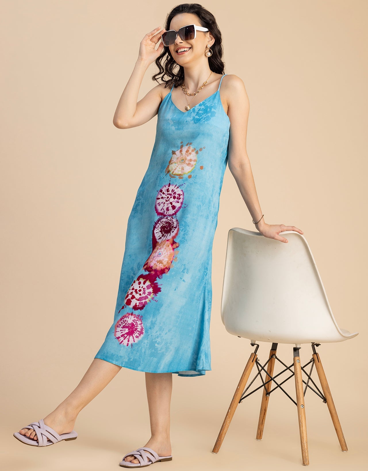 Sleeveless V Neck A-Line Printed Rayon Dress