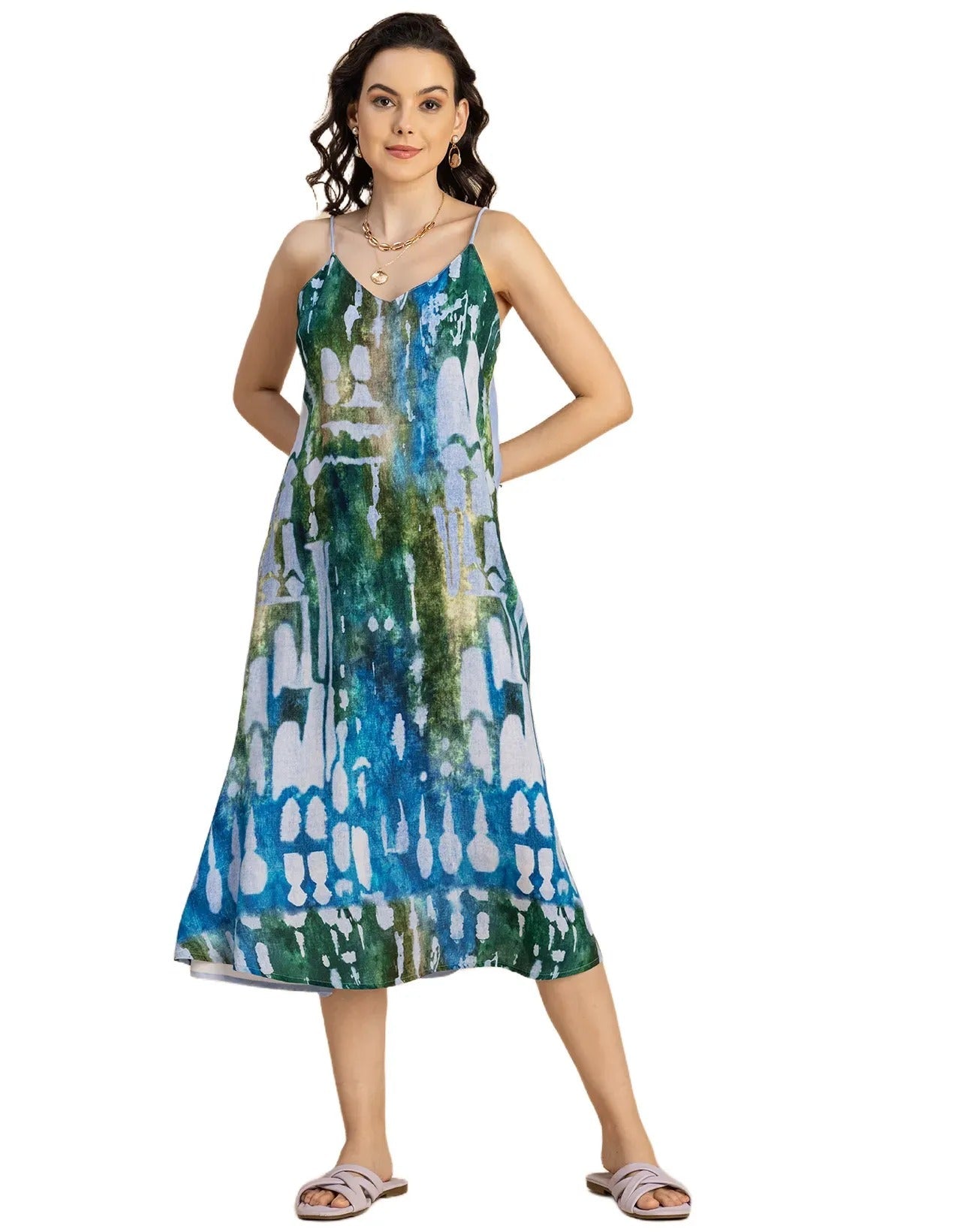 Sleeveless V Neck A-Line Printed Rayon Dress