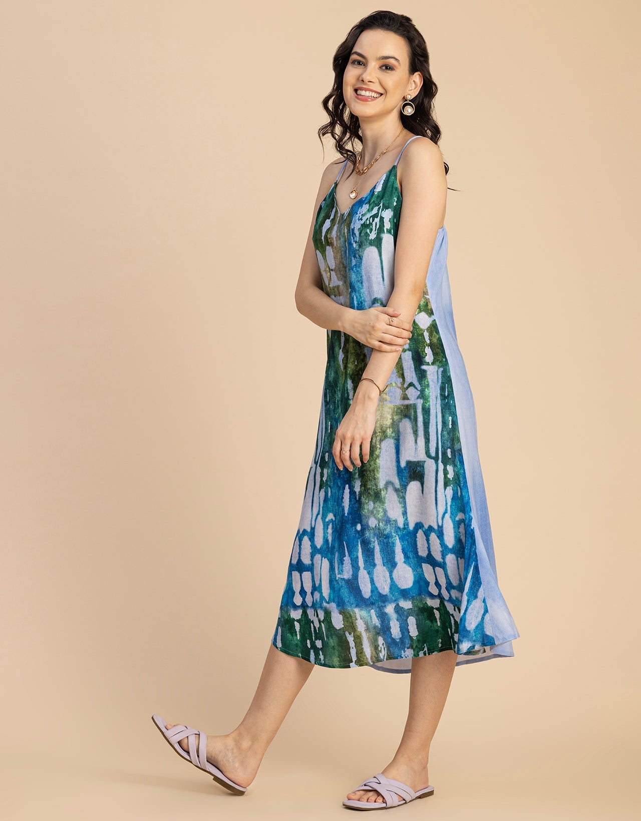 Sleeveless V Neck A-Line Printed Rayon Dress