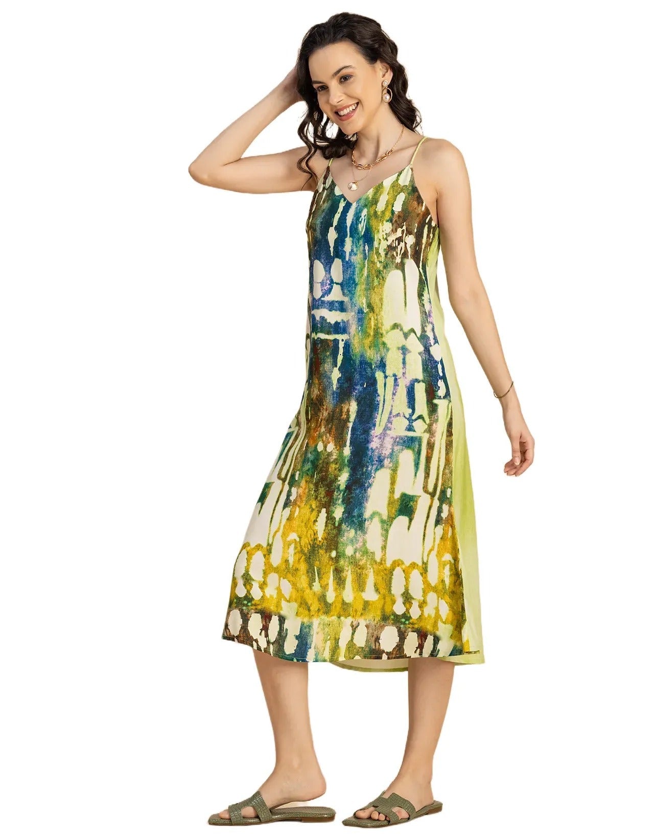 Sleeveless V Neck A-Line Printed Rayon Dress
