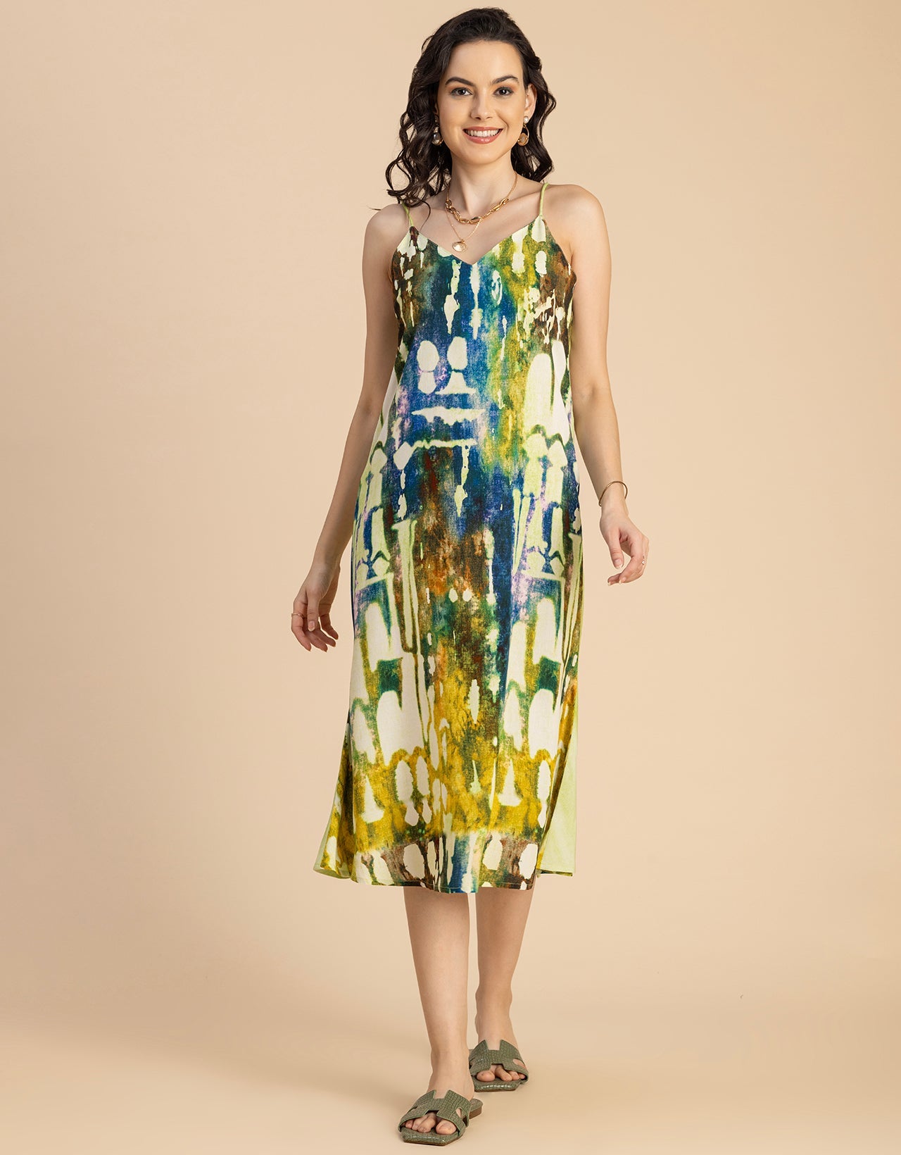Sleeveless V Neck A-Line Printed Rayon Dress