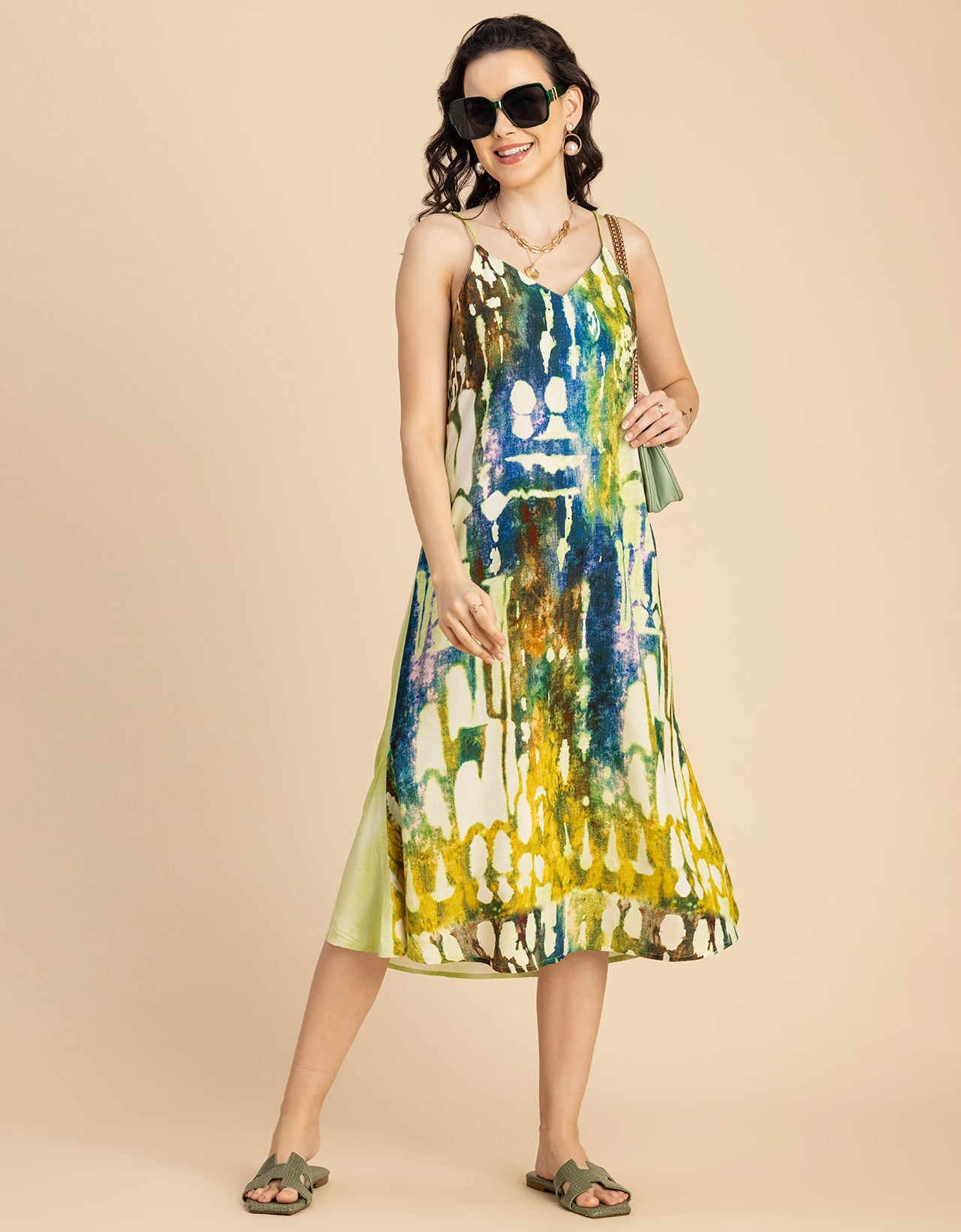 Sleeveless V Neck A-Line Printed Rayon Dress