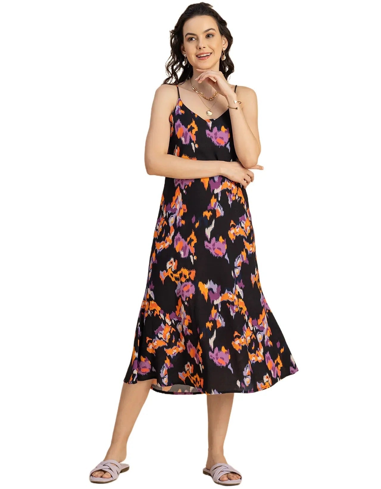 Sleeveless V Neck A-Line Printed Rayon Dress