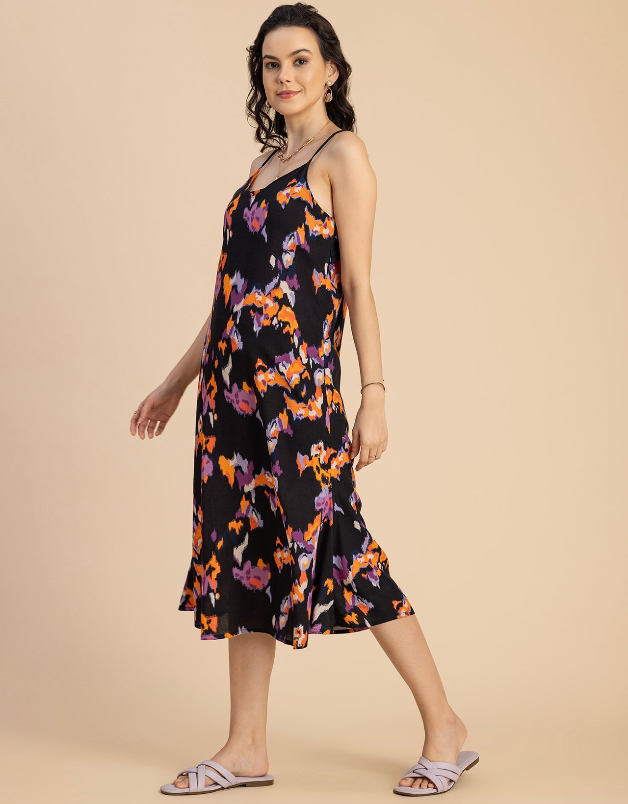 Sleeveless V Neck A-Line Printed Rayon Dress