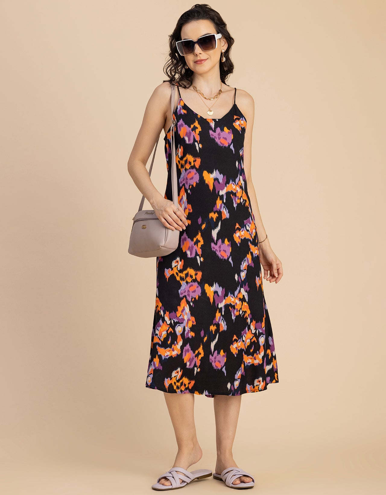 Sleeveless V Neck A-Line Printed Rayon Dress