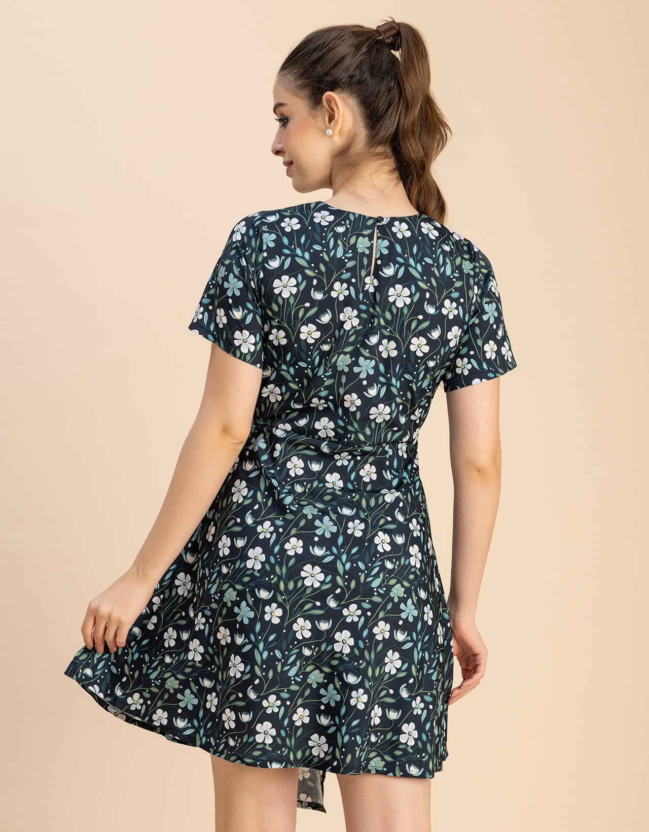Short Sleeve Asymmetric Printed Dress