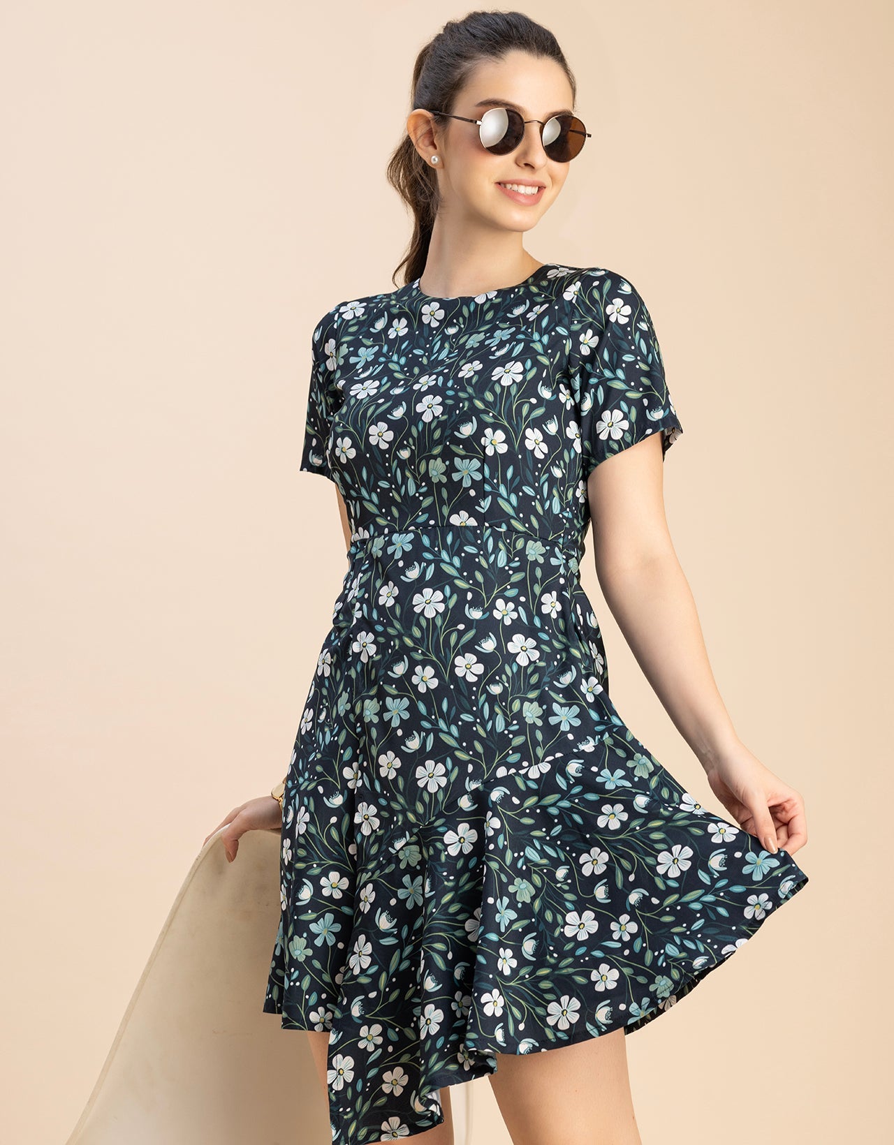 Short Sleeve Asymmetric Printed Dress
