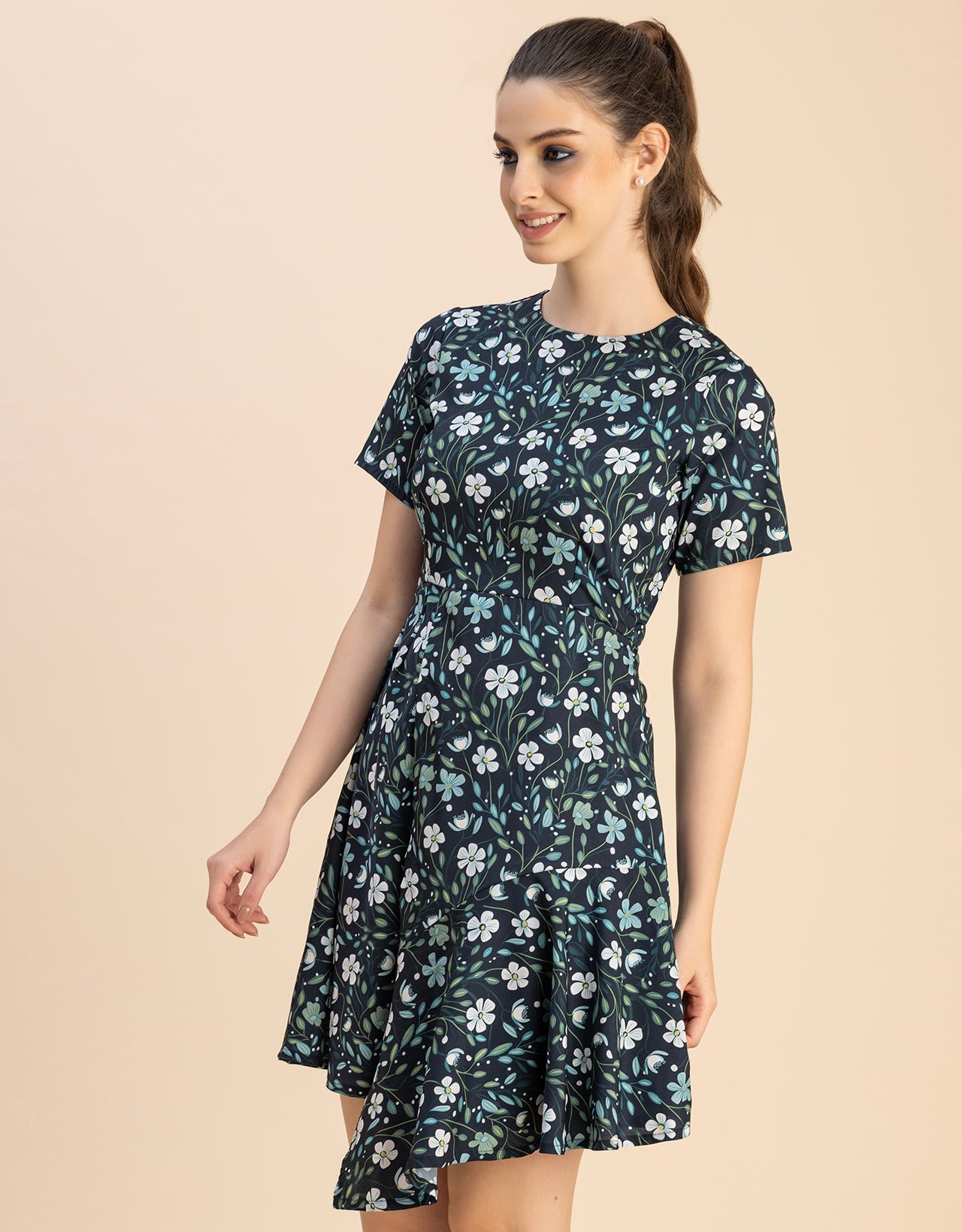 Short Sleeve Asymmetric Printed Dress