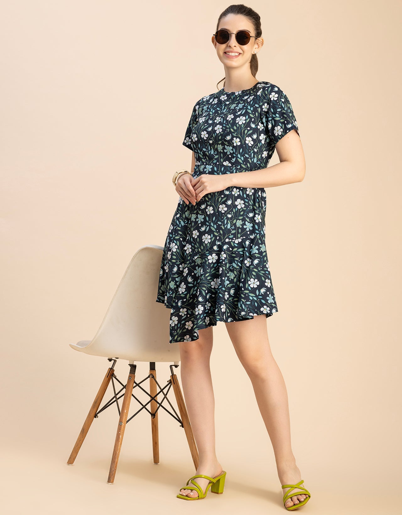 Short Sleeve Asymmetric Printed Dress