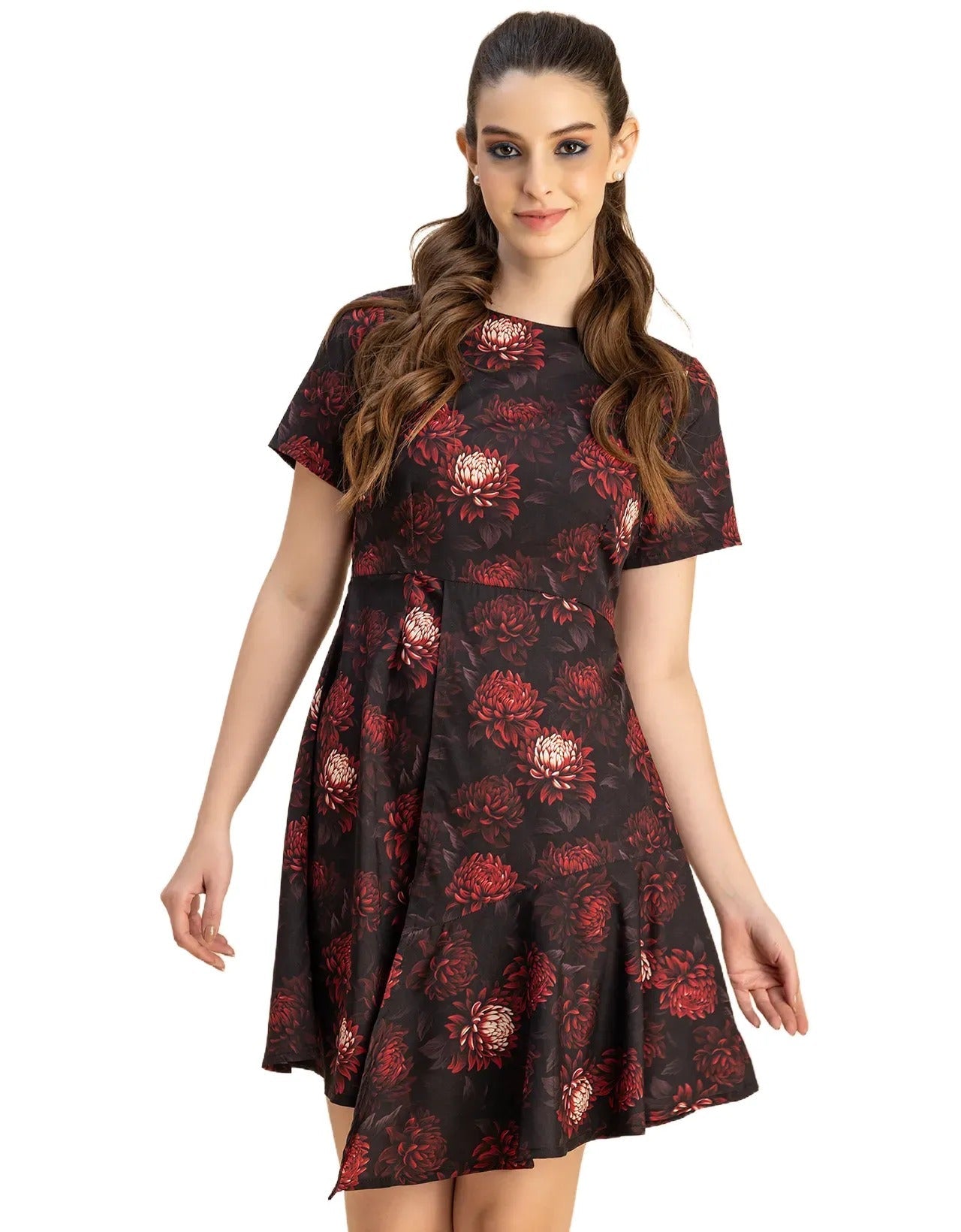Short Sleeve Asymmetric Printed Dress