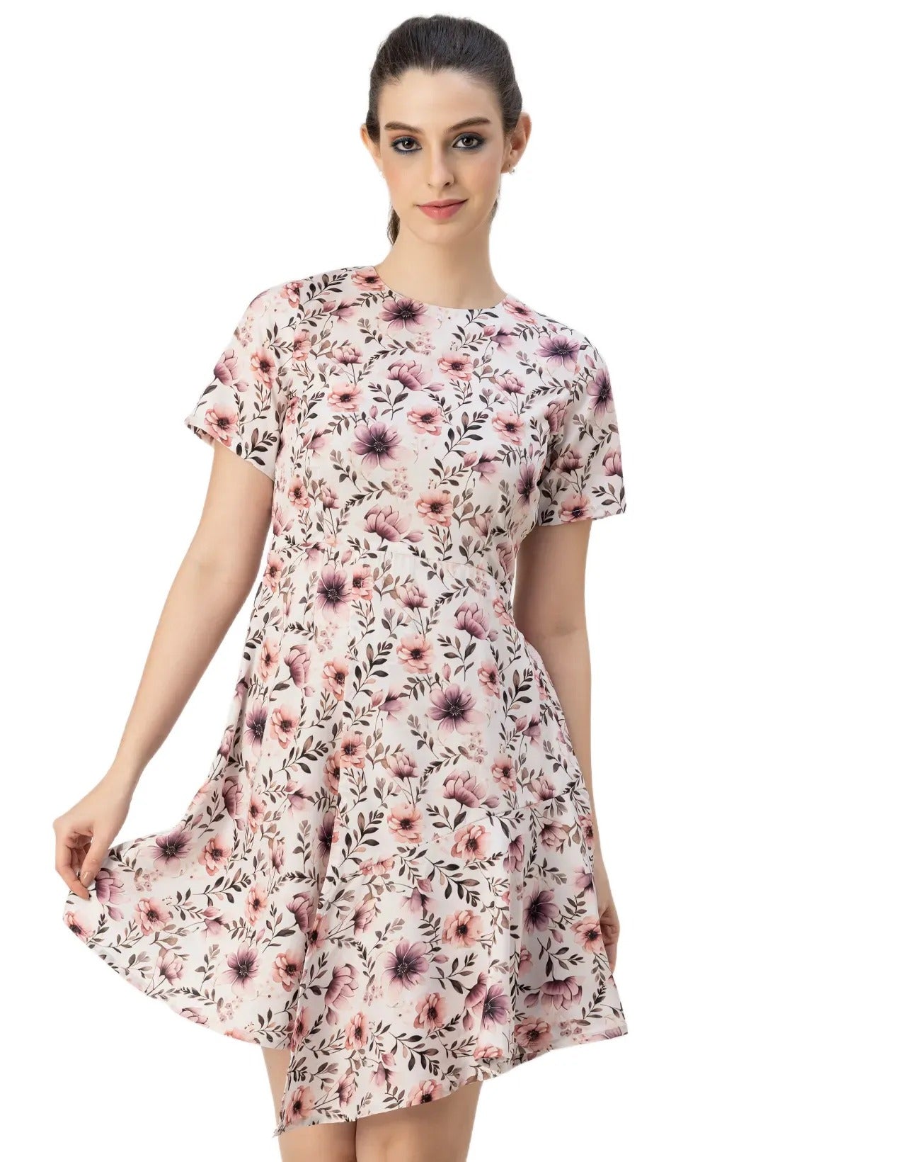 Short Sleeve Asymmetric Printed Dress