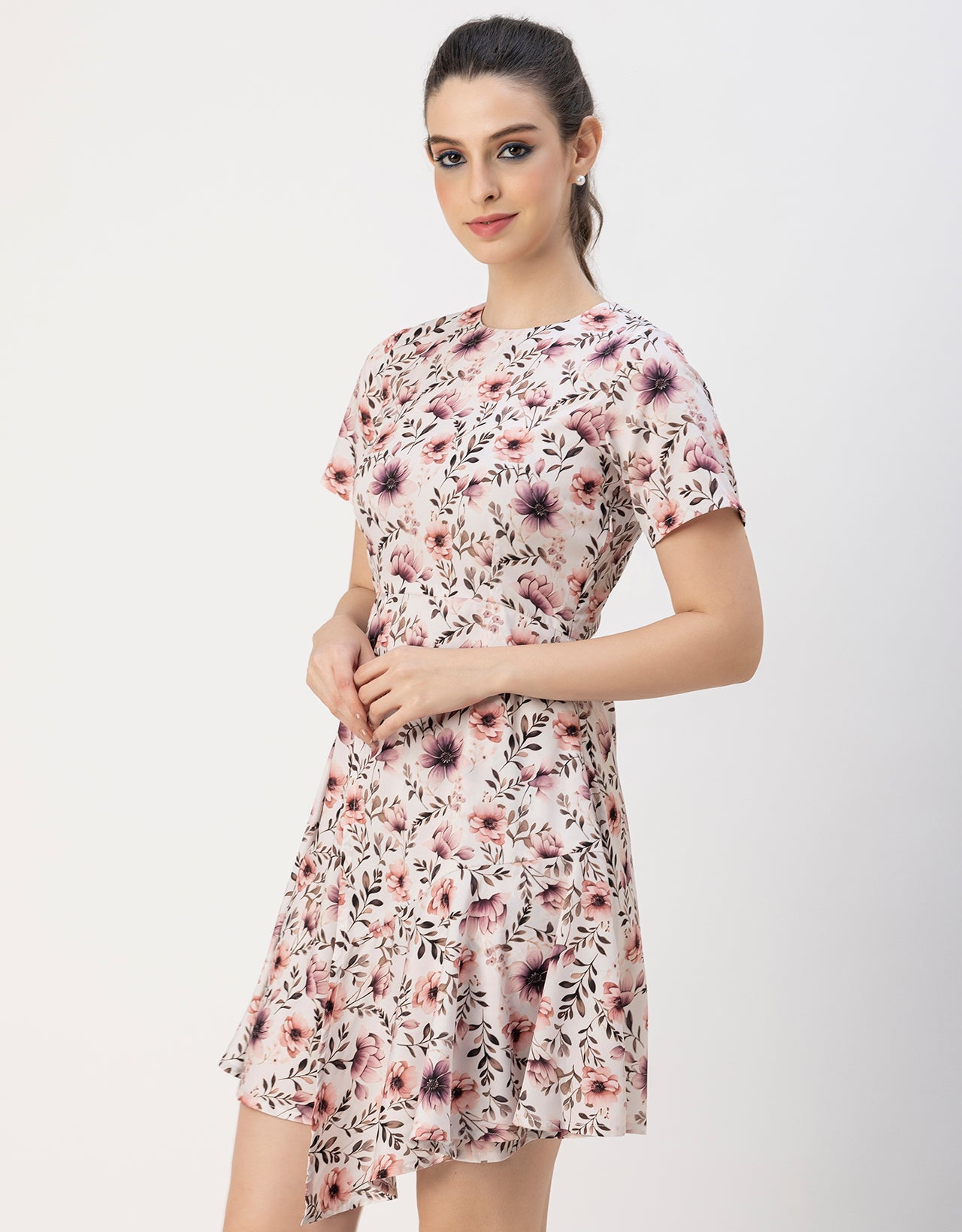Short Sleeve Asymmetric Printed Dress