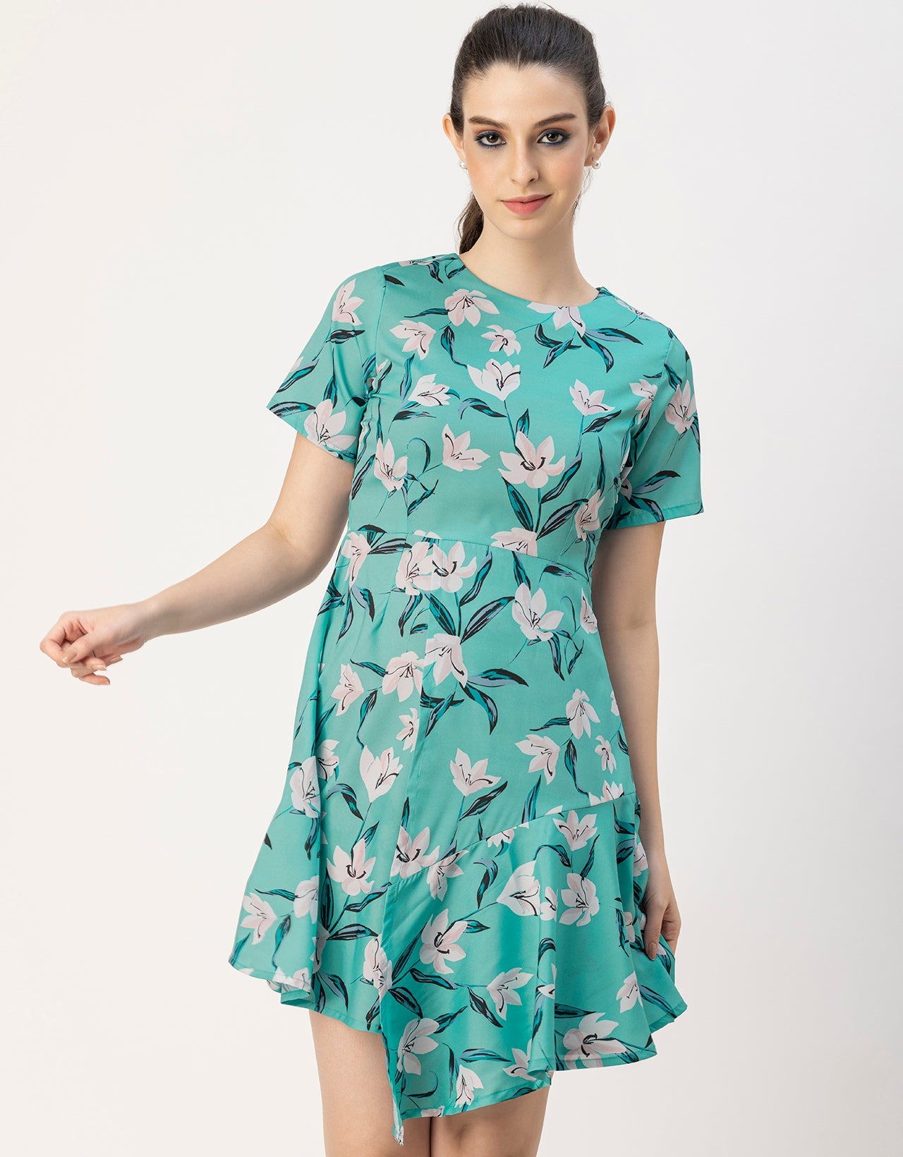 Short Sleeve Asymmetric Printed Dress