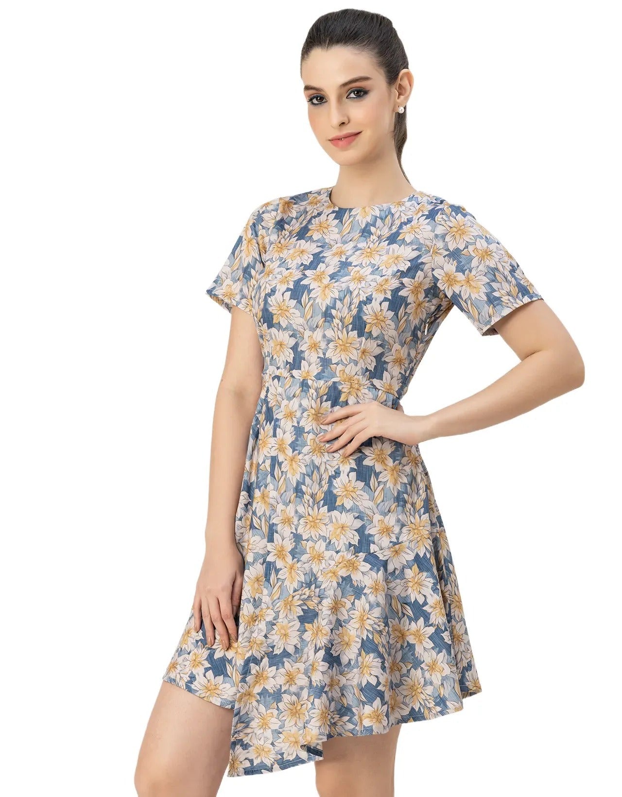 Short Sleeve Asymmetric Printed Dress