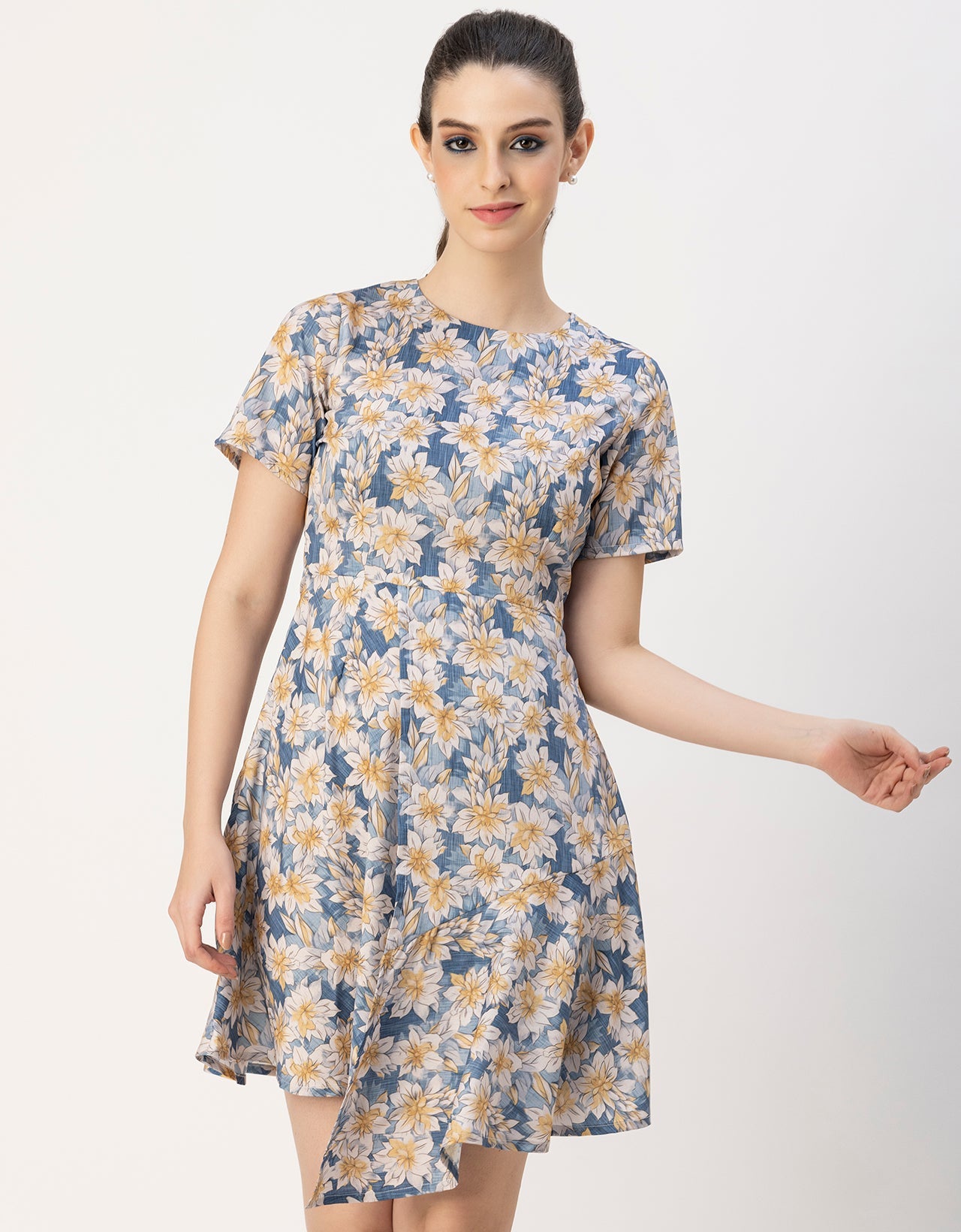 Short Sleeve Asymmetric Printed Dress
